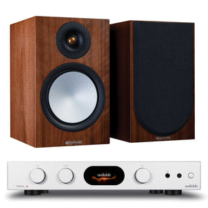 Audiolab 7000A Silver with Monitor Audio Silver 100 7G Walnut