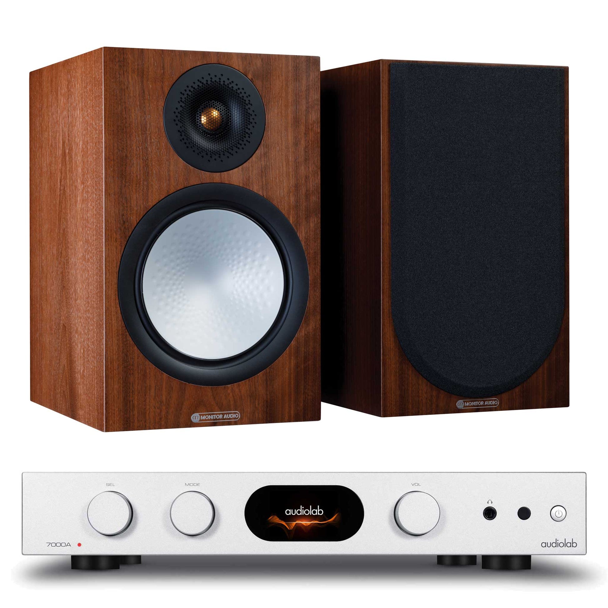Audiolab 7000A Silver with Monitor Audio Silver 100 7G Walnut