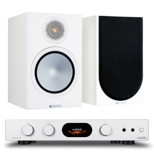 Audiolab 7000A Silver with Monitor Audio Silver 100 7G Satin White
