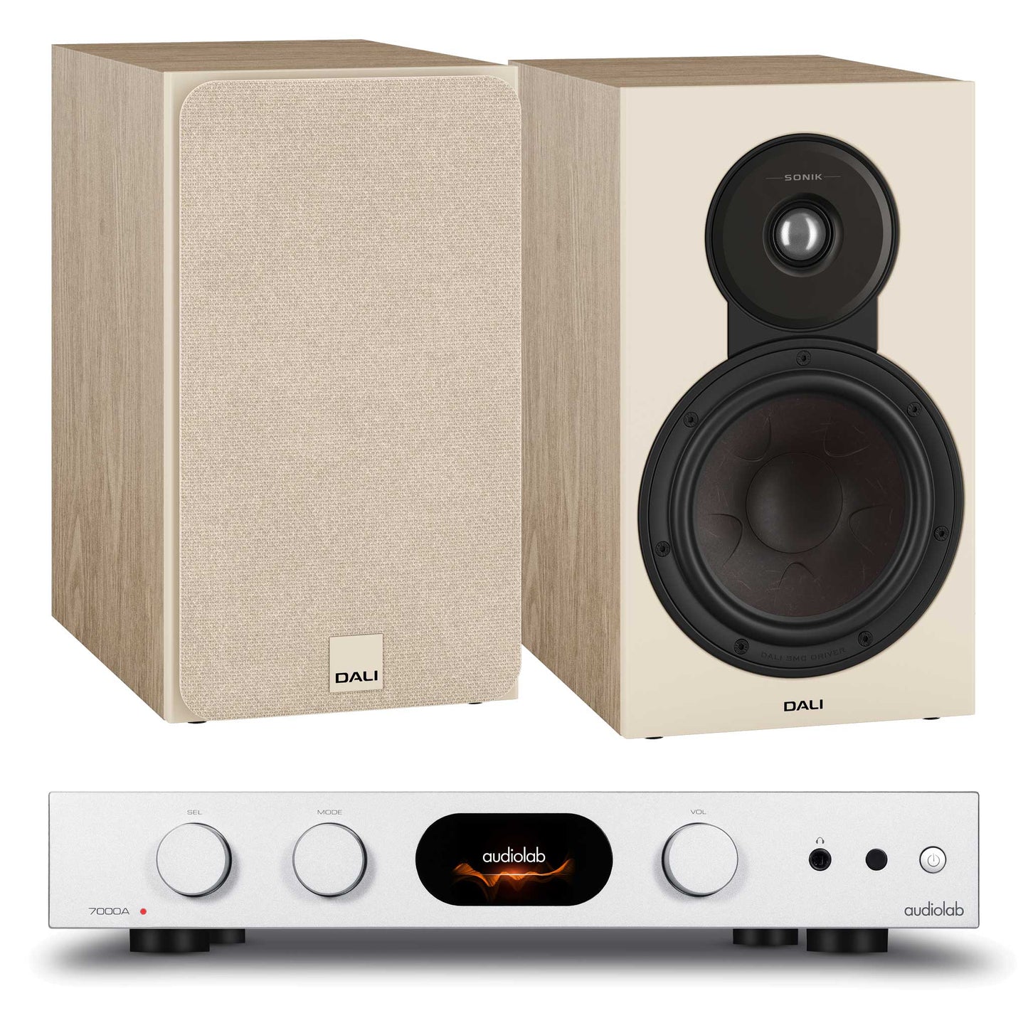 Audiolab 7000A Silver with Dali SONIK 3 Natural Oak