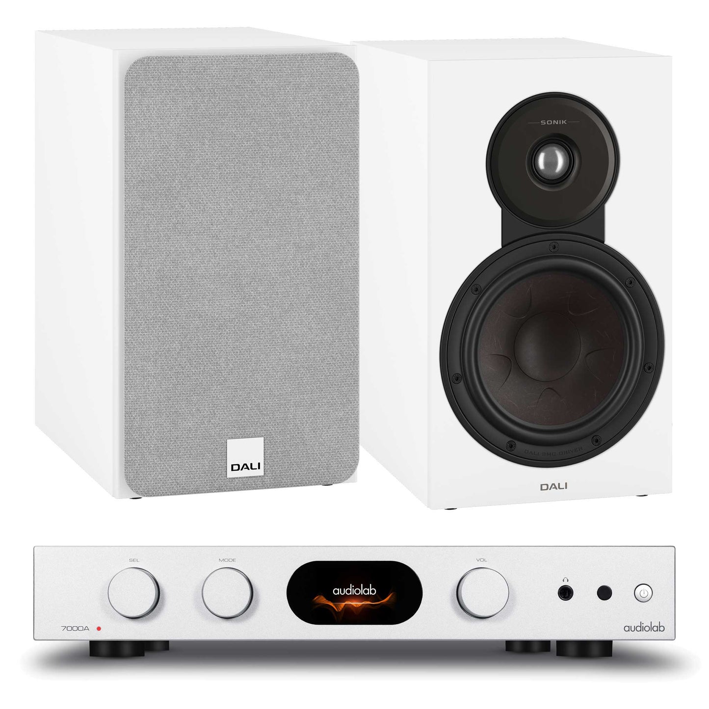 Audiolab 7000A Silver with Dali SONIK 3 White 