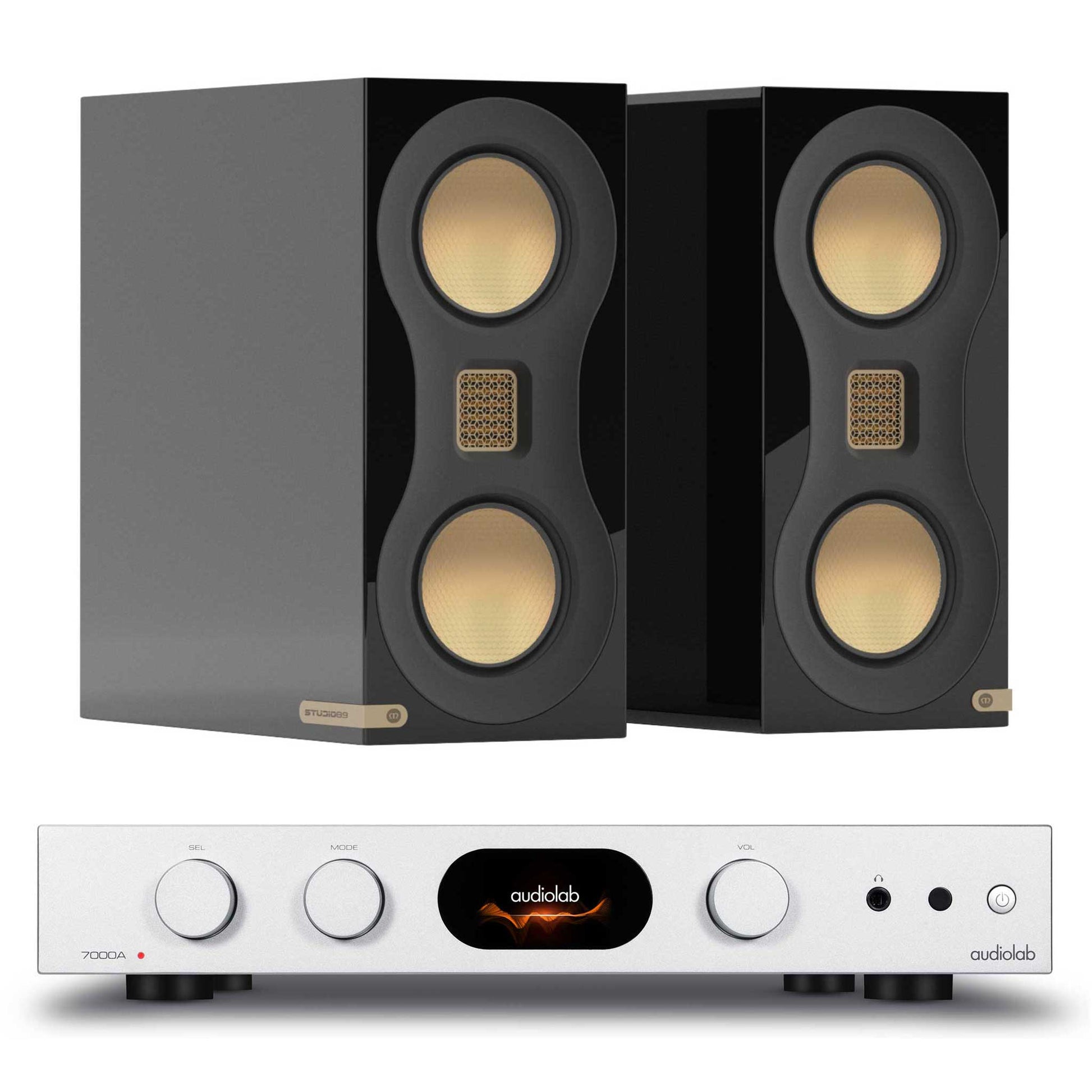 Audiolab 7000A Black with Monitor Audio Studio 89 Silver - Gloss Black