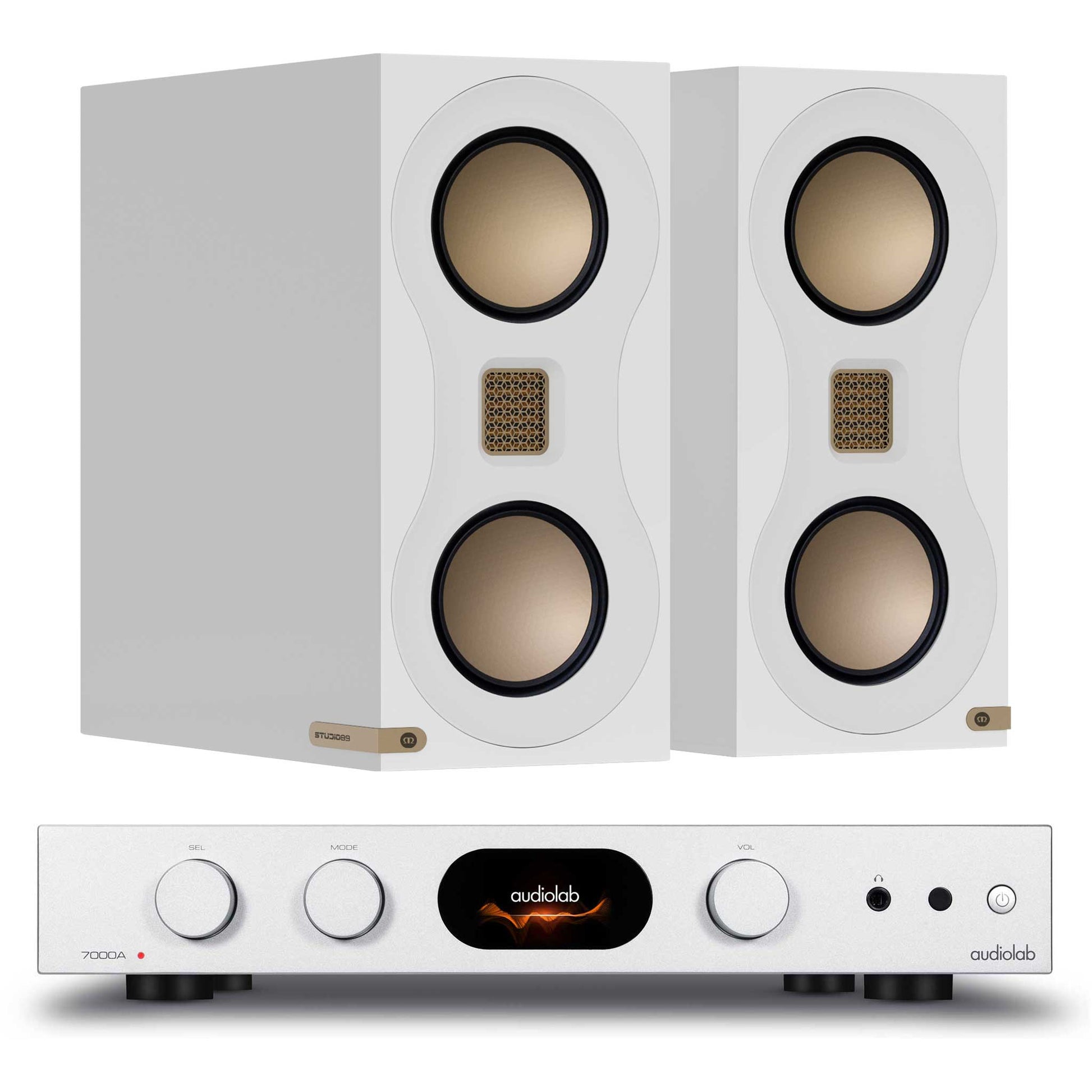 Audiolab 7000A Black with Monitor Audio Studio 89 Silver - Gloss White