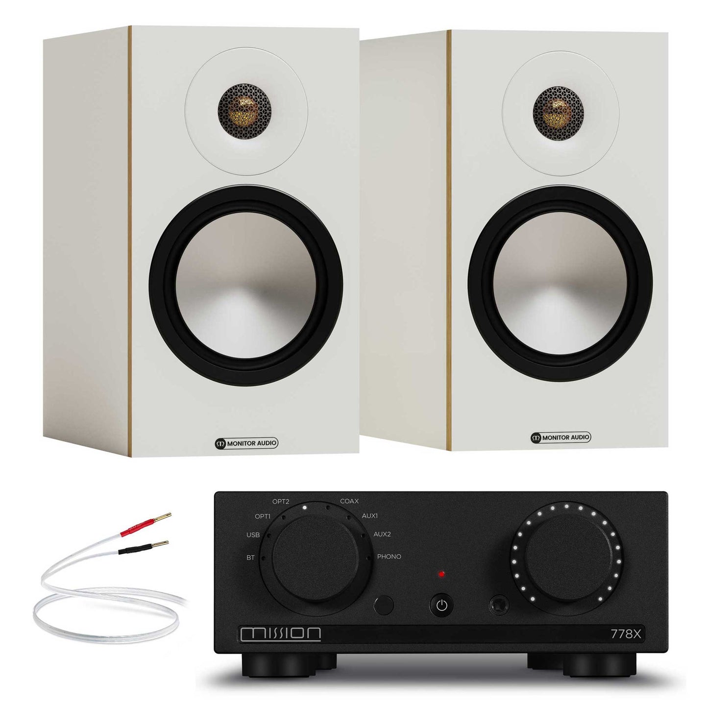 Mission 778x Black with Monitor Audio Bronze 50 7G White