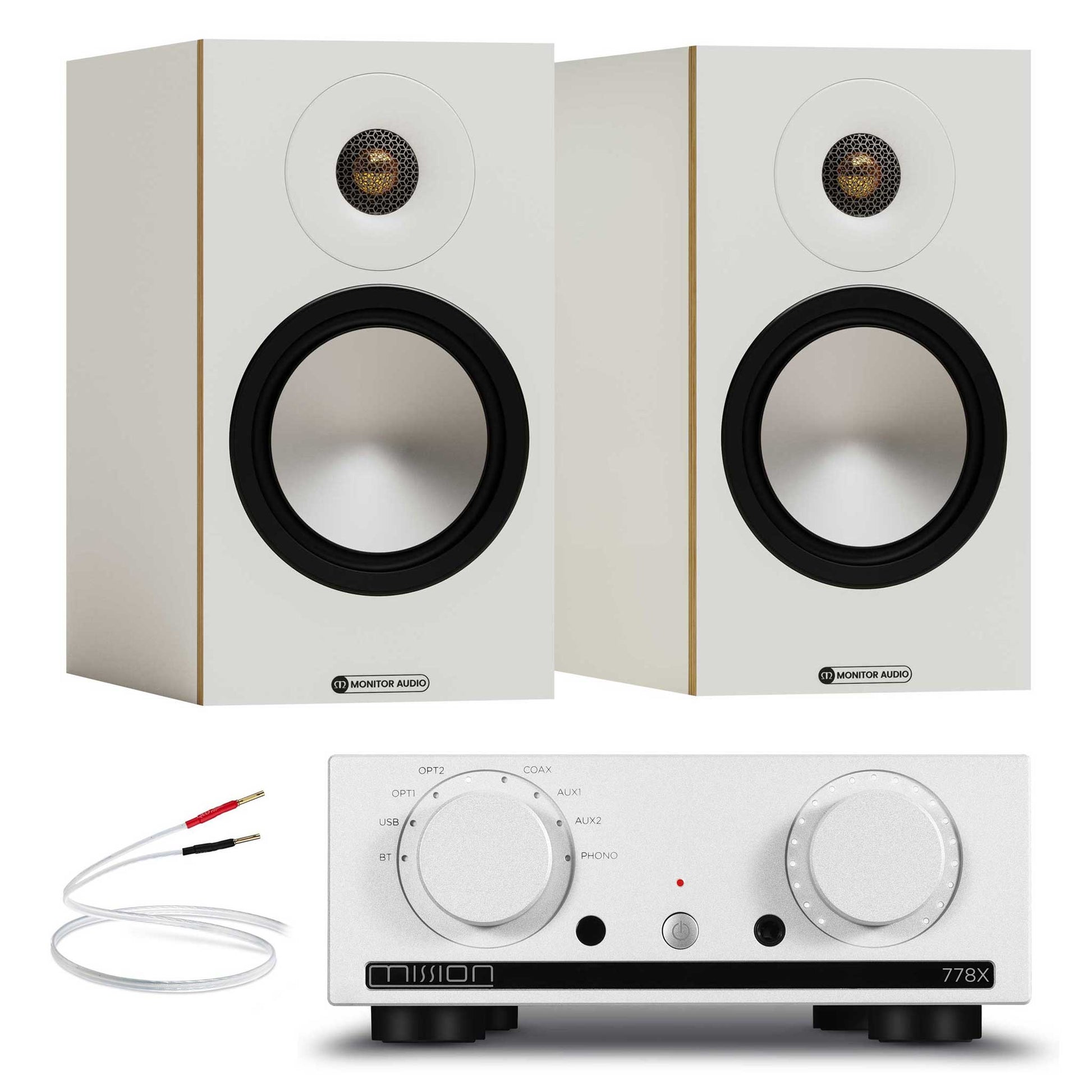 Mission 778x Silver with Monitor Audio Bronze 50 7G White