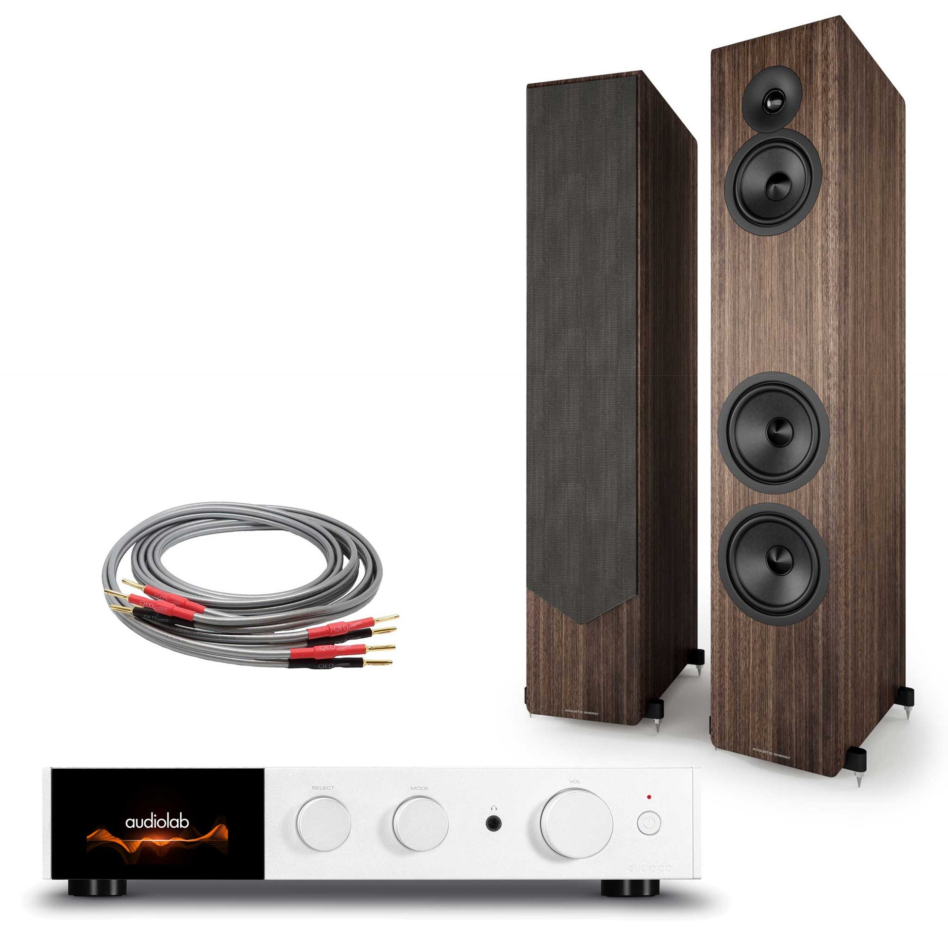 Audiolab 9000A Silver with Acoustic Energy AE320² Walnut