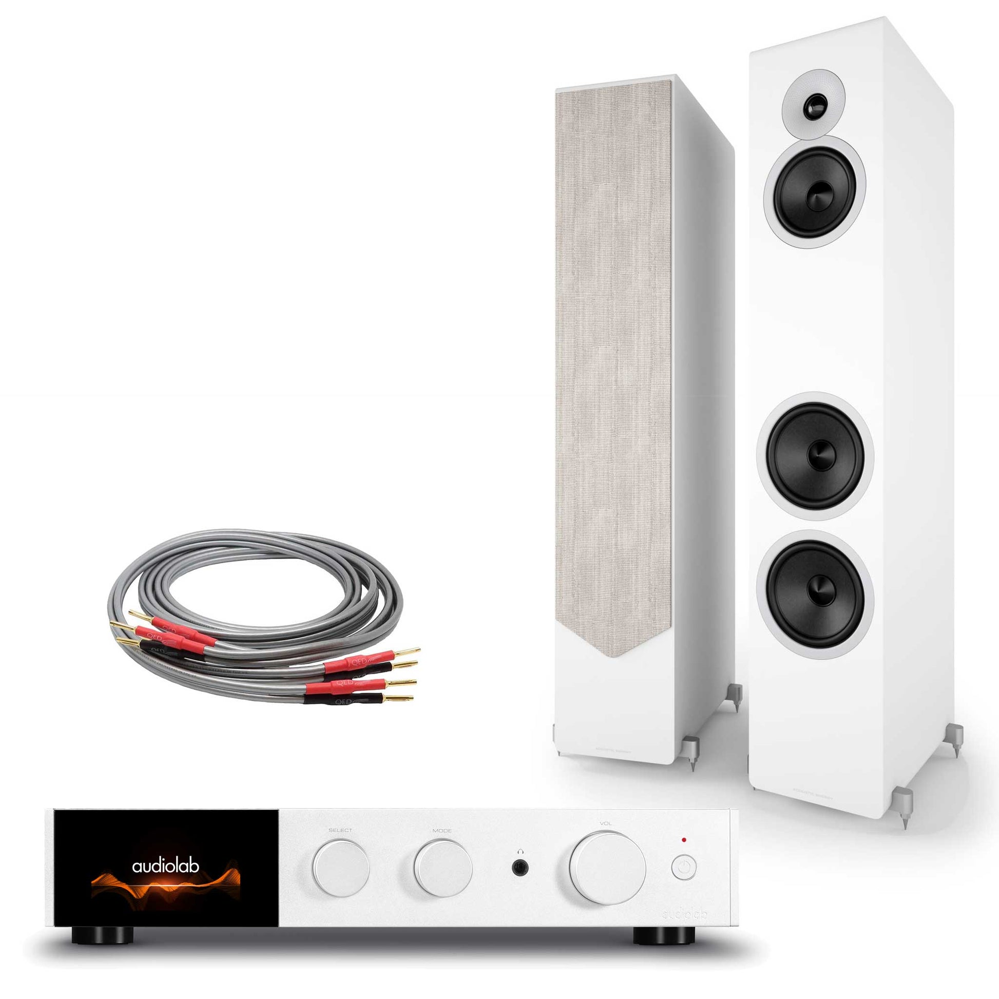 Audiolab 9000A Silver with Acoustic Energy AE320² Matte White