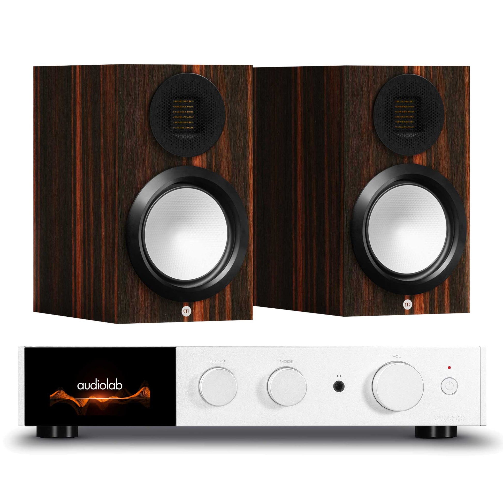 Audiolab 9000A Silver with Monitor Audio Gold 50 6G Macassar