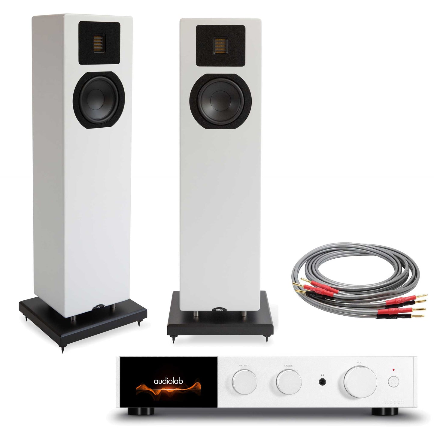 Audiolab 9000A Silver with Neat Acoustics Mystique Classic Satin White