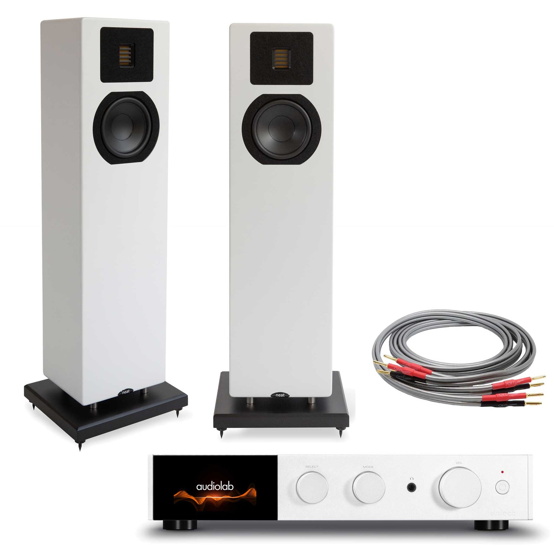 Audiolab 9000A Silver with Neat Acoustics Mystique Classic Satin White