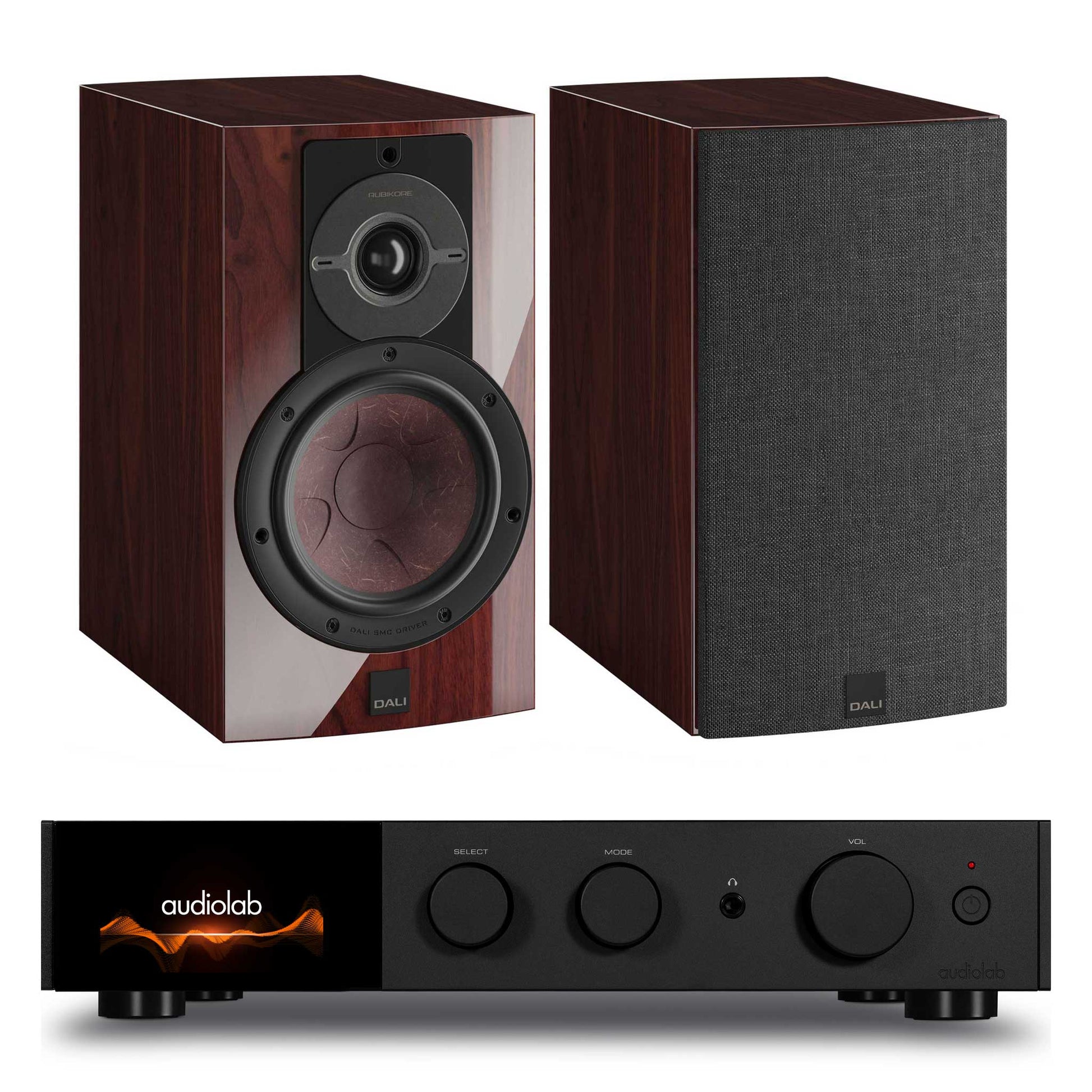 Audiolab 9000A with Dali Rubikore 2 Black / Gloss Maroon