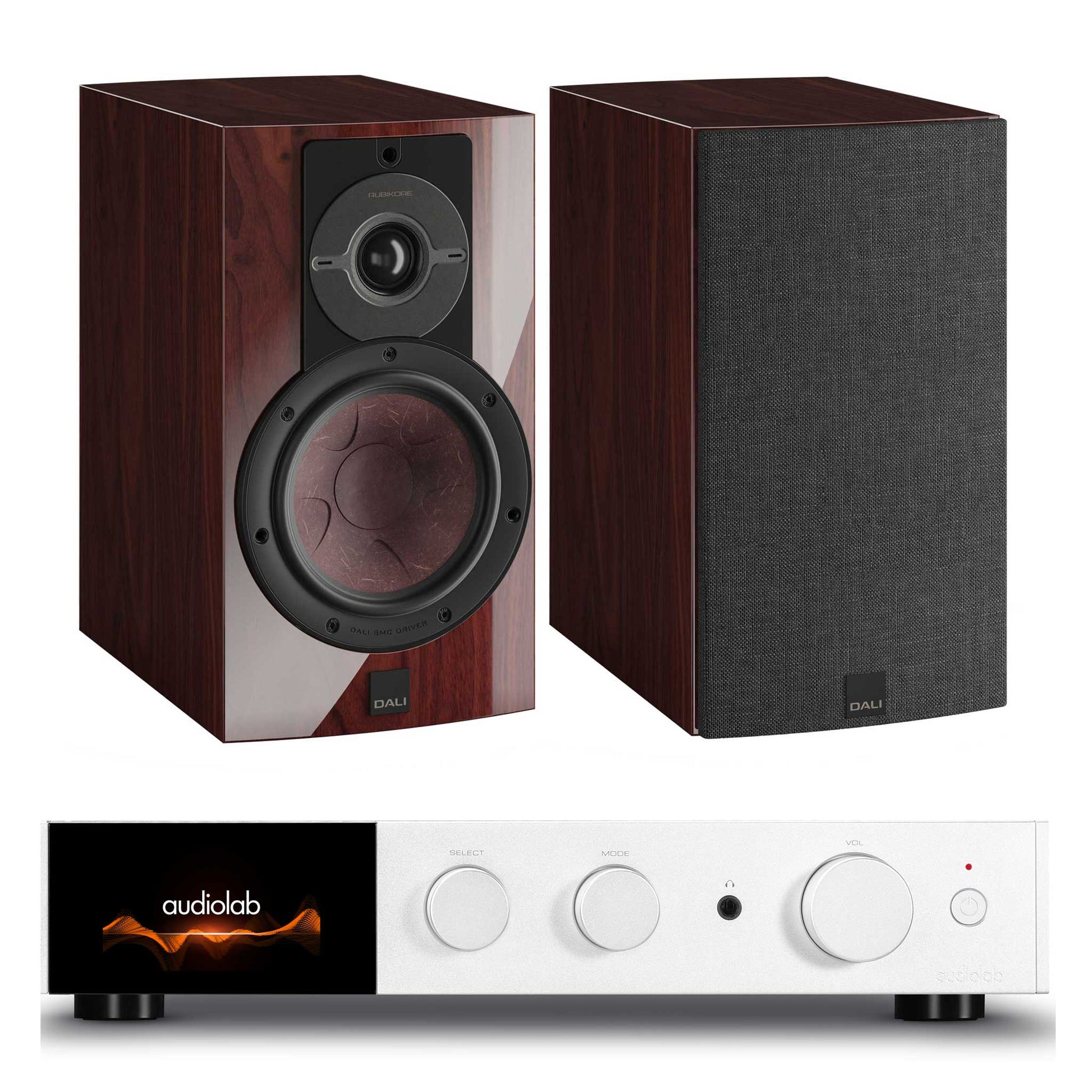 Audiolab 9000A with Dali Rubikore 2 Silver / Gloss Maroon