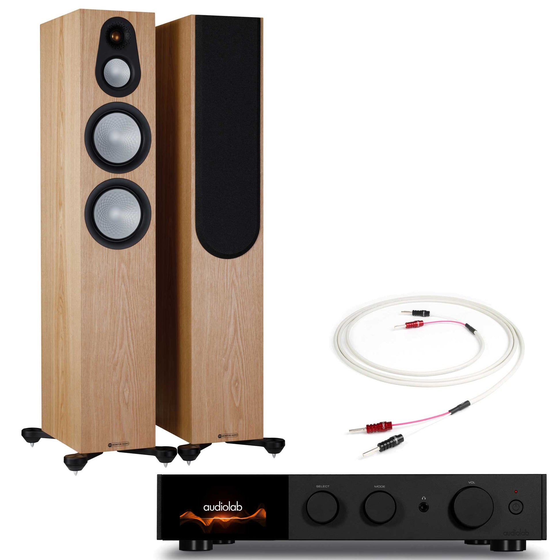 Audiolab 9000A Black with Monitor Audio Silver 300 7G Ash