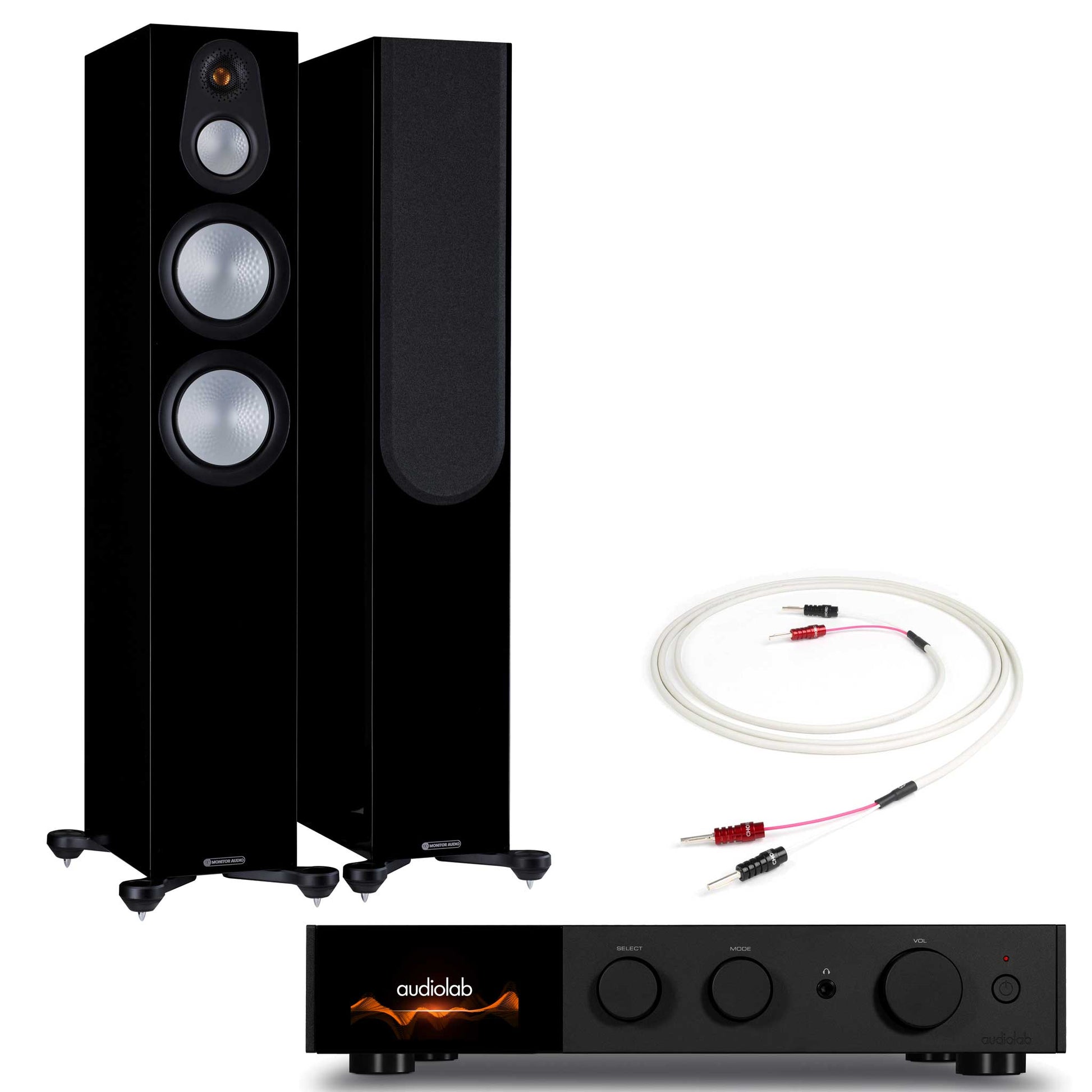 Audiolab 9000A Black with Monitor Audio Silver 300 7G Gloss Black