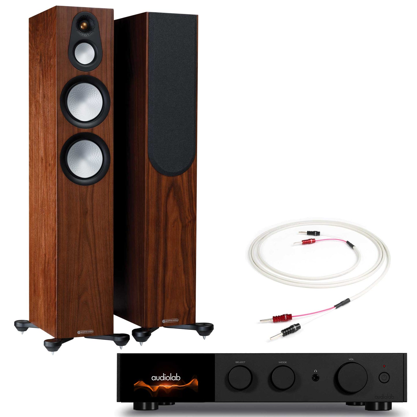 Audiolab 9000A Black with Monitor Audio Silver 300 7G Walnut