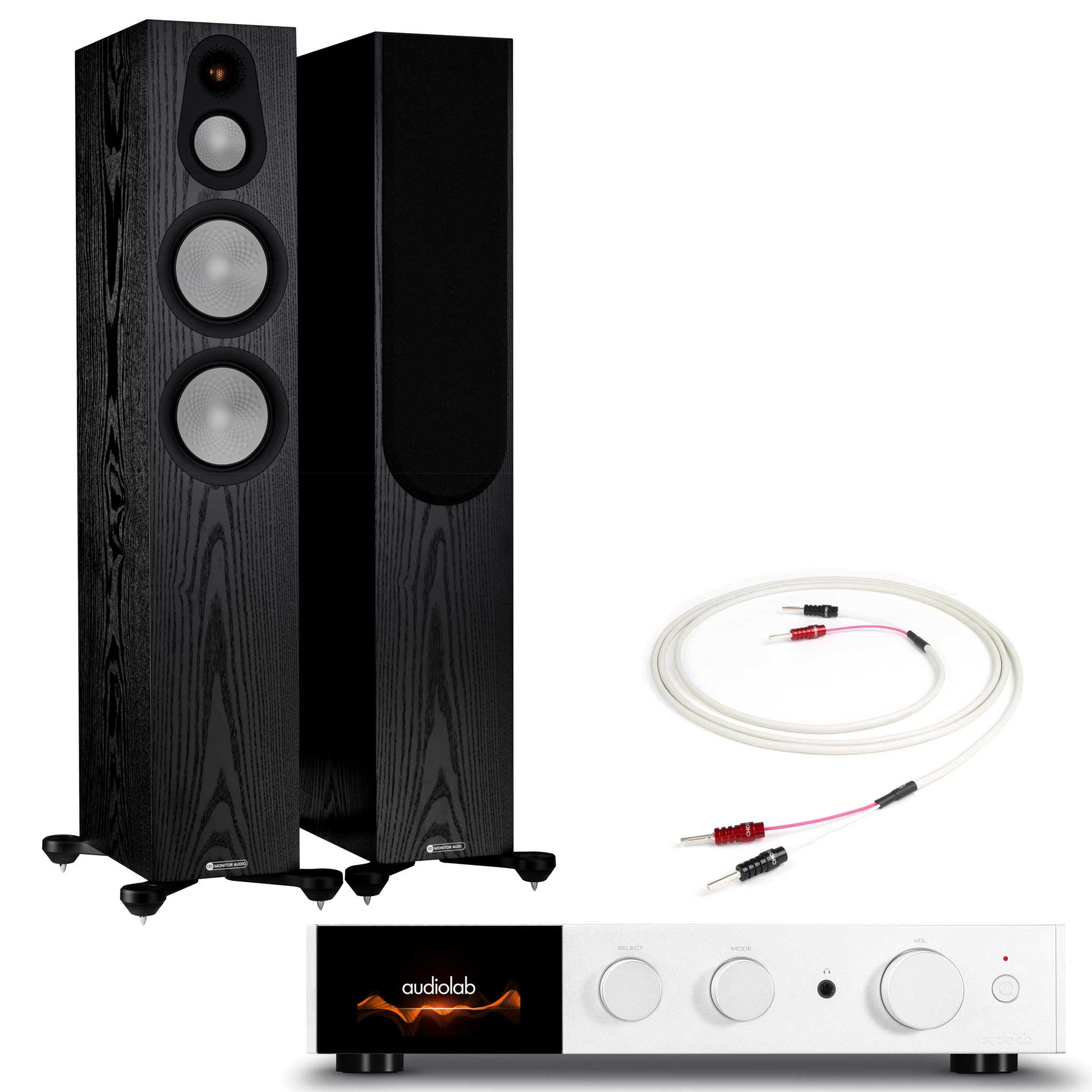 Audiolab 9000A Silver with Monitor Audio Silver 300 7G Black Oak