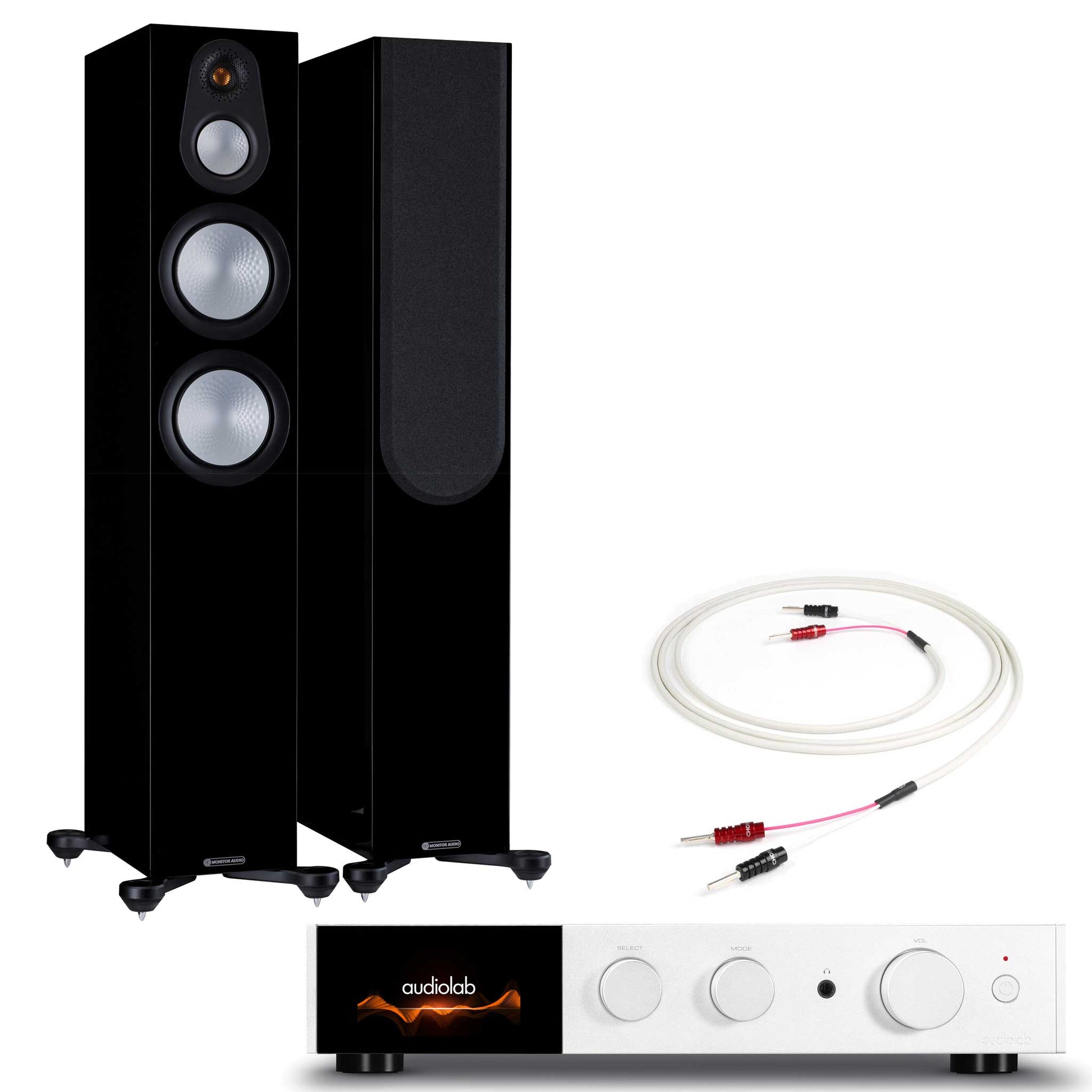 Audiolab 9000A Silver with Monitor Audio Silver 300 7G Gloss Black