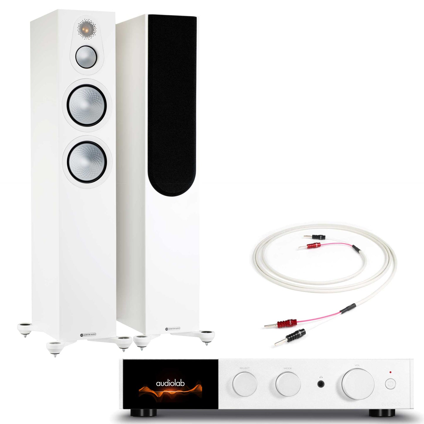 Audiolab 9000A Silver with Monitor Audio Silver 300 7G Satin White