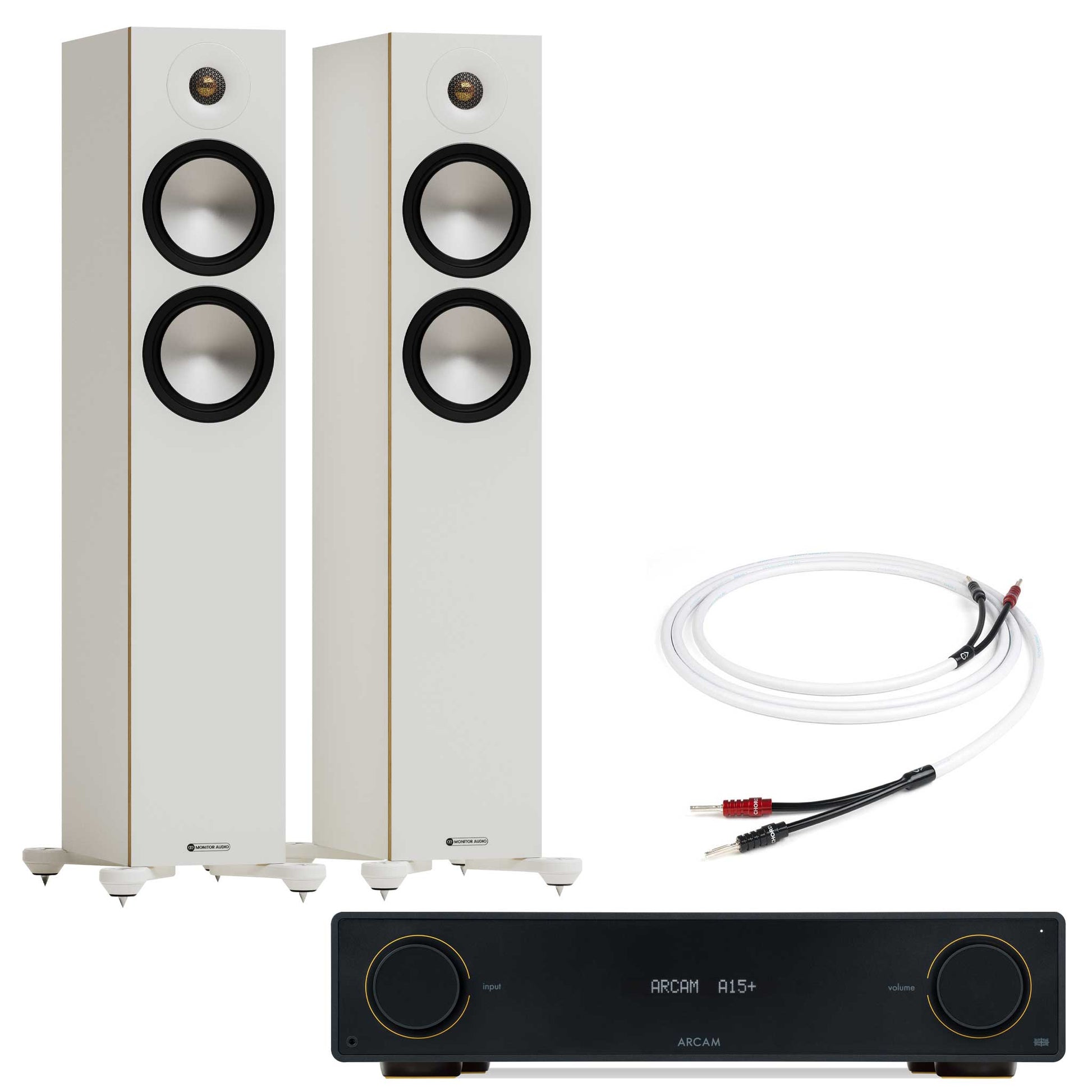 Arcam A15+ with Monitor Audio Bronze 300 7G White