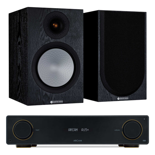 Arcam A15+ with Monitor Audio Silver 100 7G Black Oak