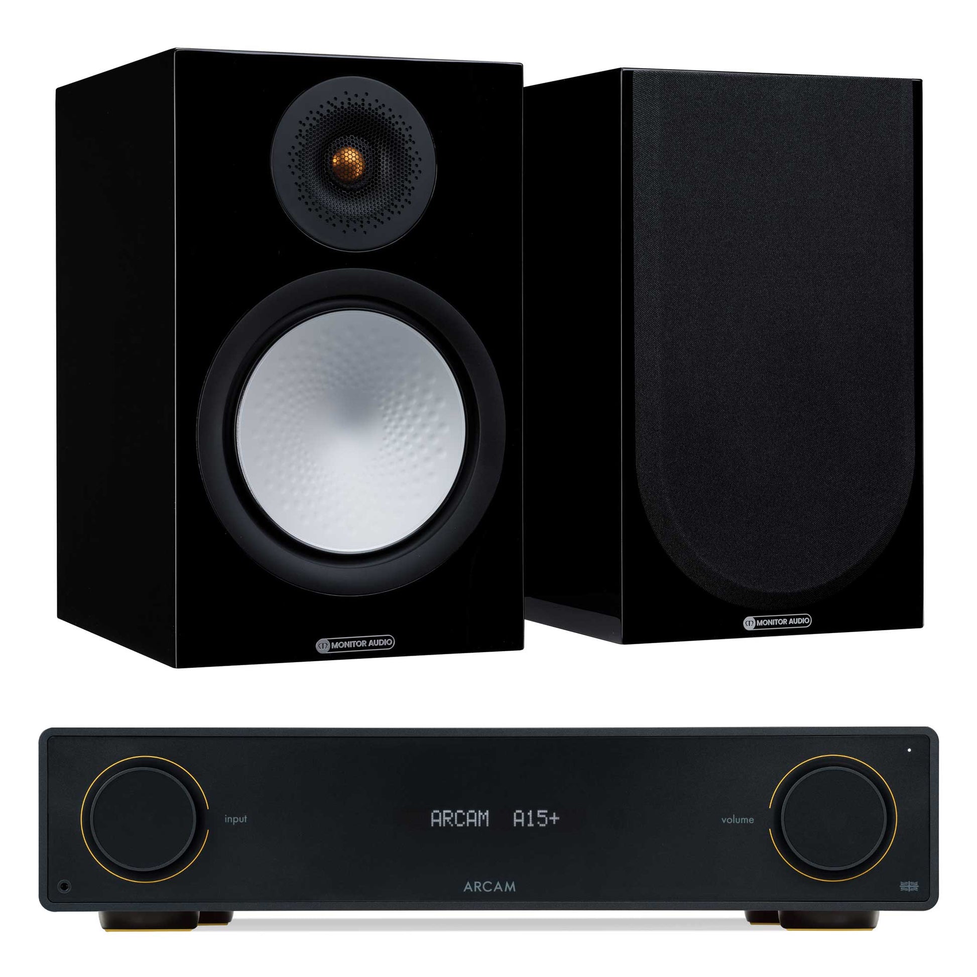 Arcam A15+ with Monitor Audio Silver 100 7G Gloss Black