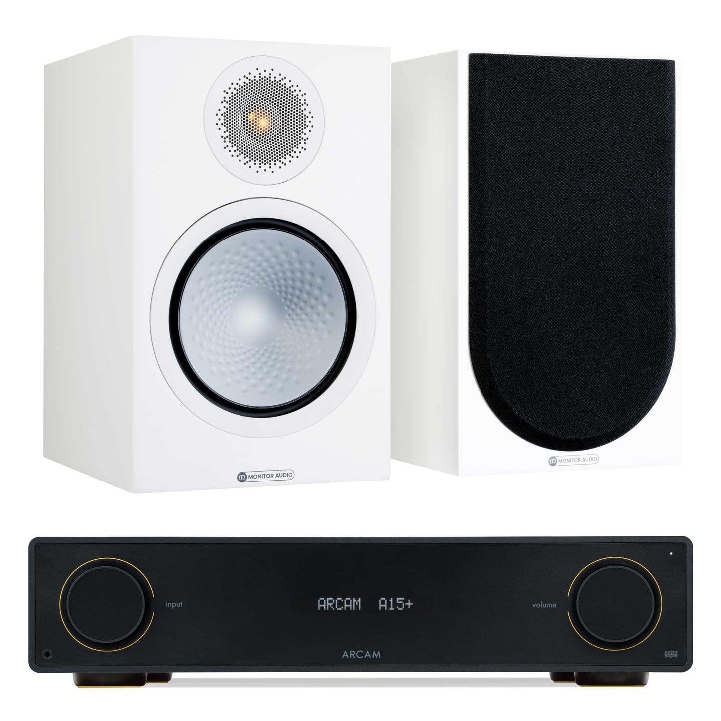 Arcam A15+ with Monitor Audio Silver 100 7G Satin White