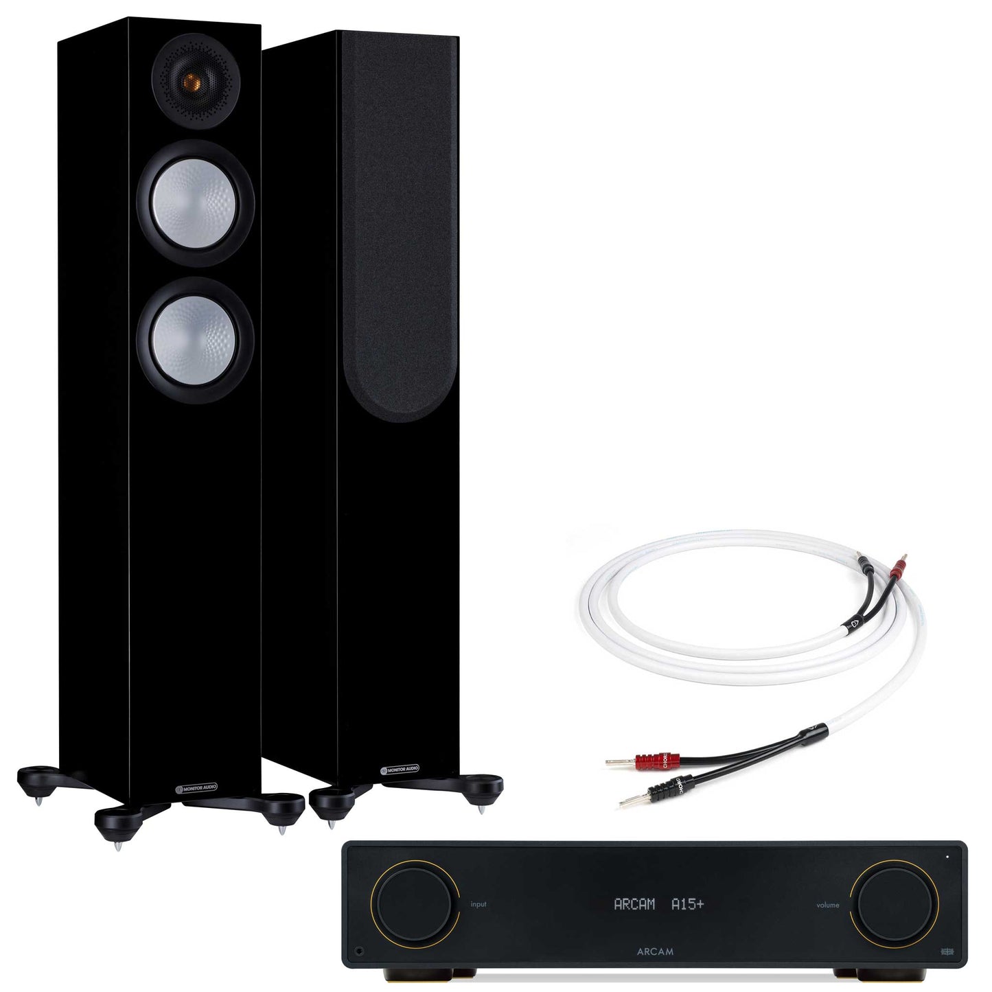 Arcam A15+ with Monitor Audio Silver 200 7G Gloss Black