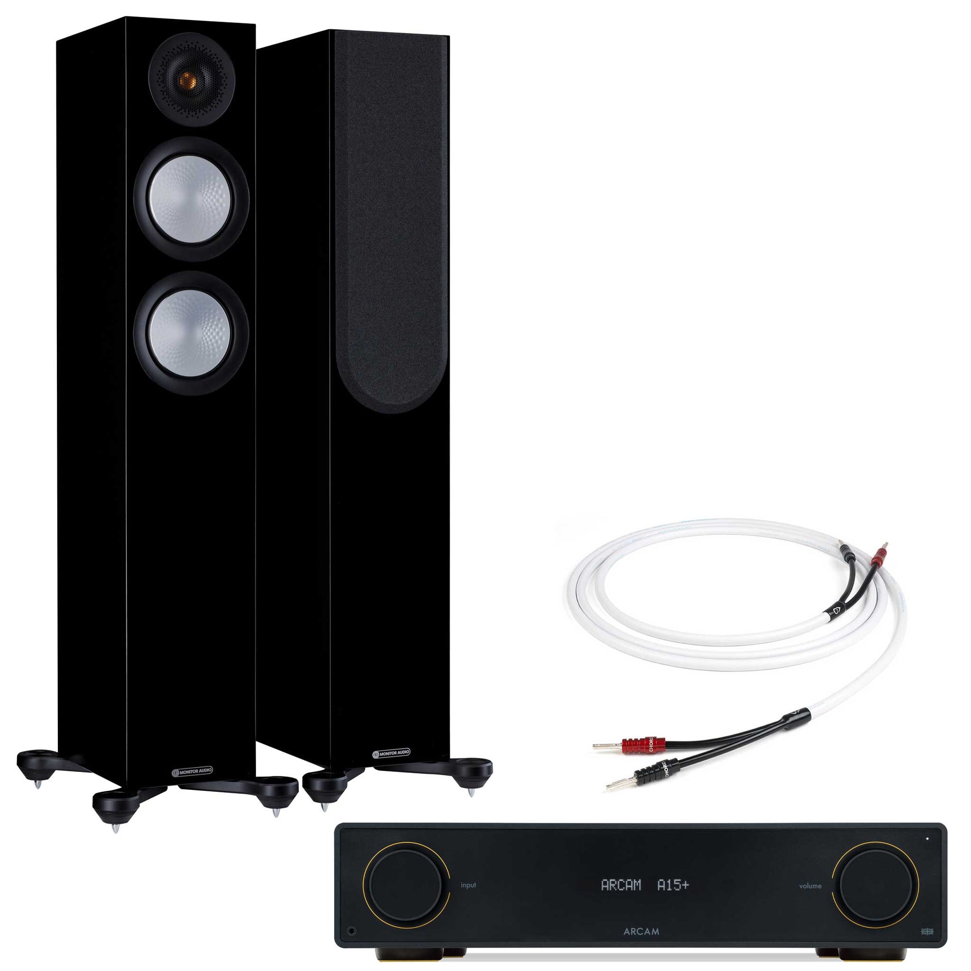 Arcam A15+ with Monitor Audio Silver 200 7G Gloss Black