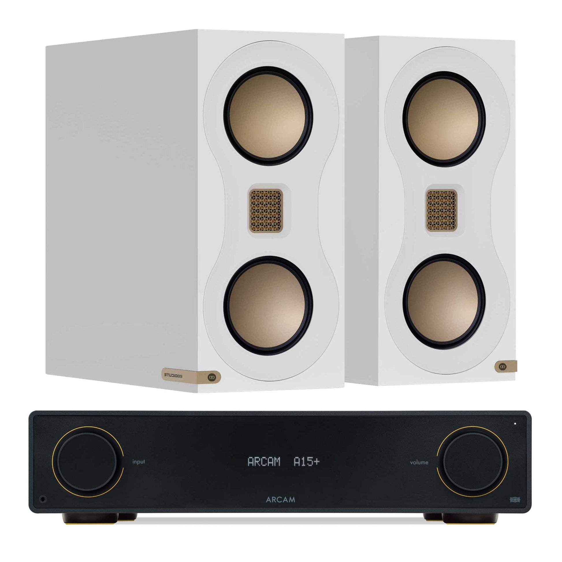 Arcam A15+ with Monitor Audio Studio 89 Speakers Gloss White