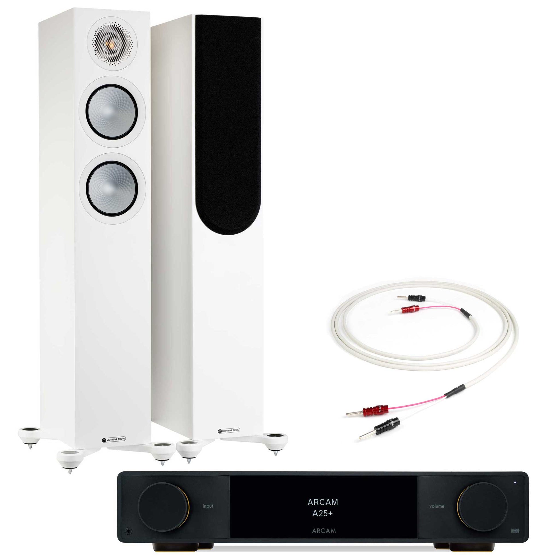 Arcam A25+ with Monitor Audio Silver 200 Satin White
