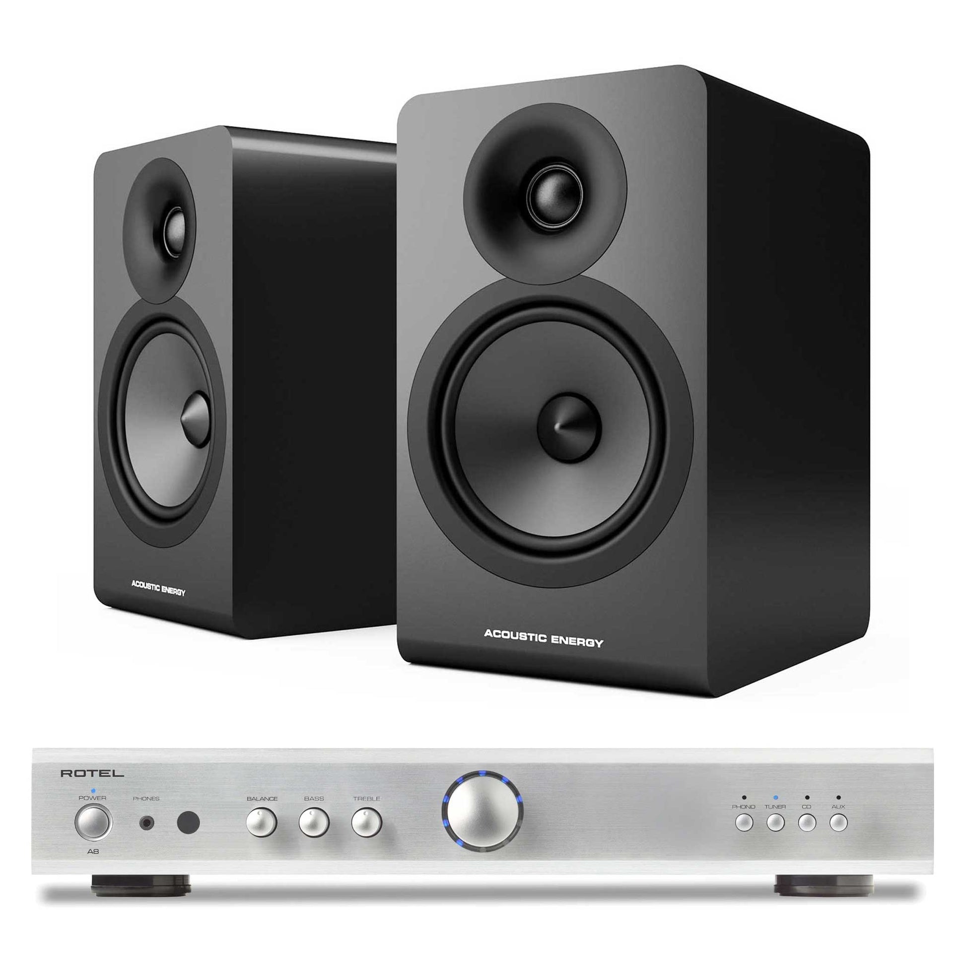 Rotel A8 Silver with Acoustic Energy AE100² Black
