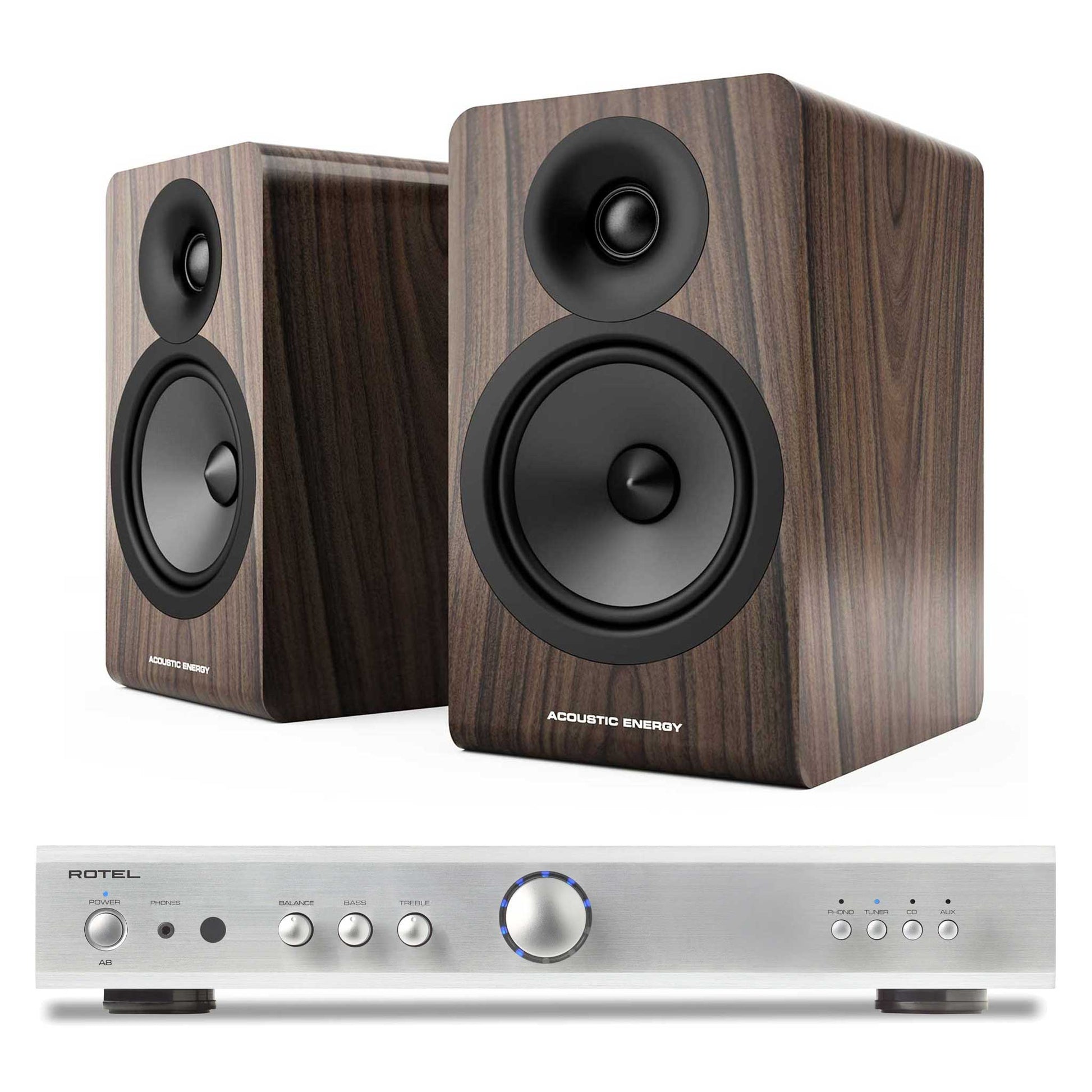 Rotel A8 Silver with Acoustic Energy AE100² Walnut