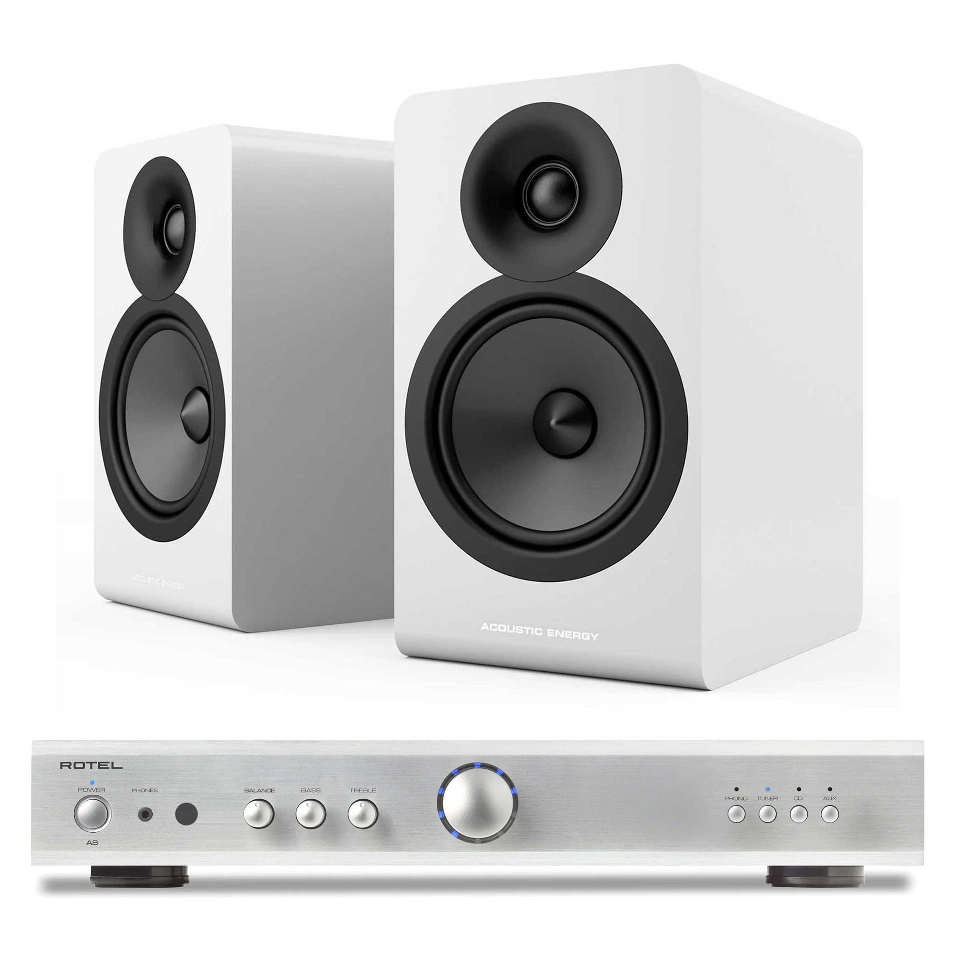 Rotel A8 Silver with Acoustic Energy AE100² Satin White