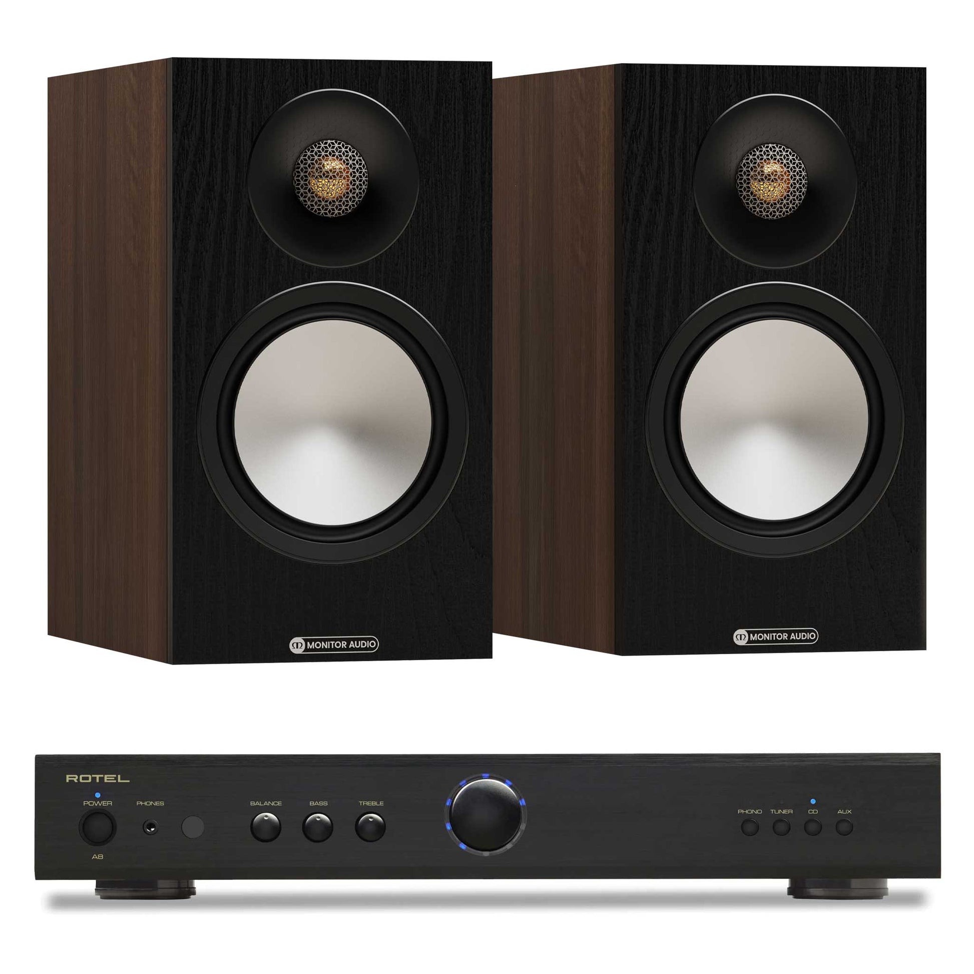 Rotel A8 Black with Monitor Audio Bronze 50 7G Walnut