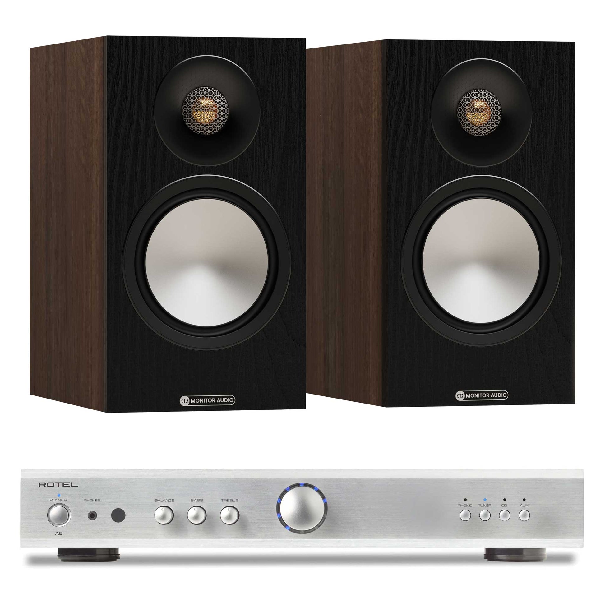 Rotel A8 Silver with Monitor Audio Bronze 50 7G Walnut
