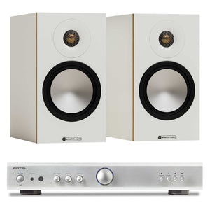 Rotel A8 Silver with Monitor Audio Bronze 50 7G White