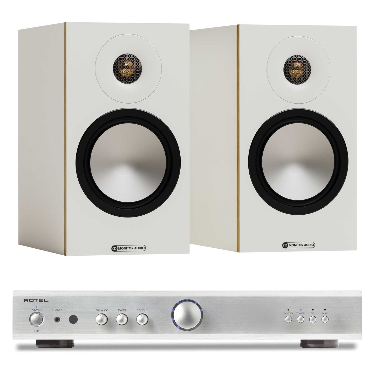 Rotel A8 Silver with Monitor Audio Bronze 50 7G White