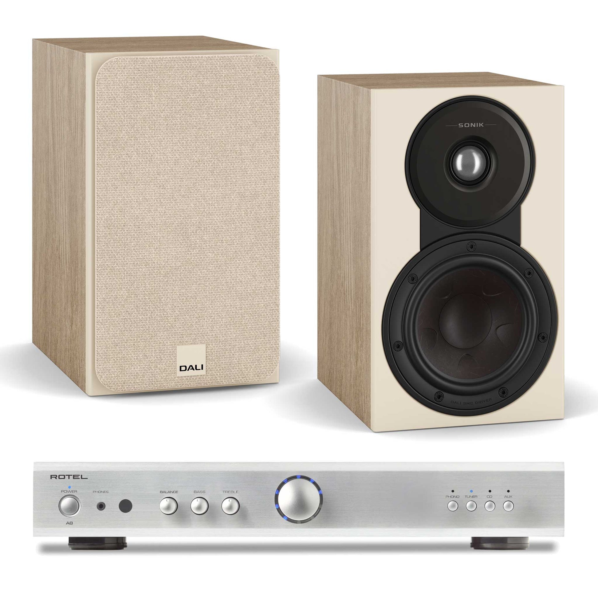 Rotel A8 Silver with Dali SONIK 1 Natural Oak