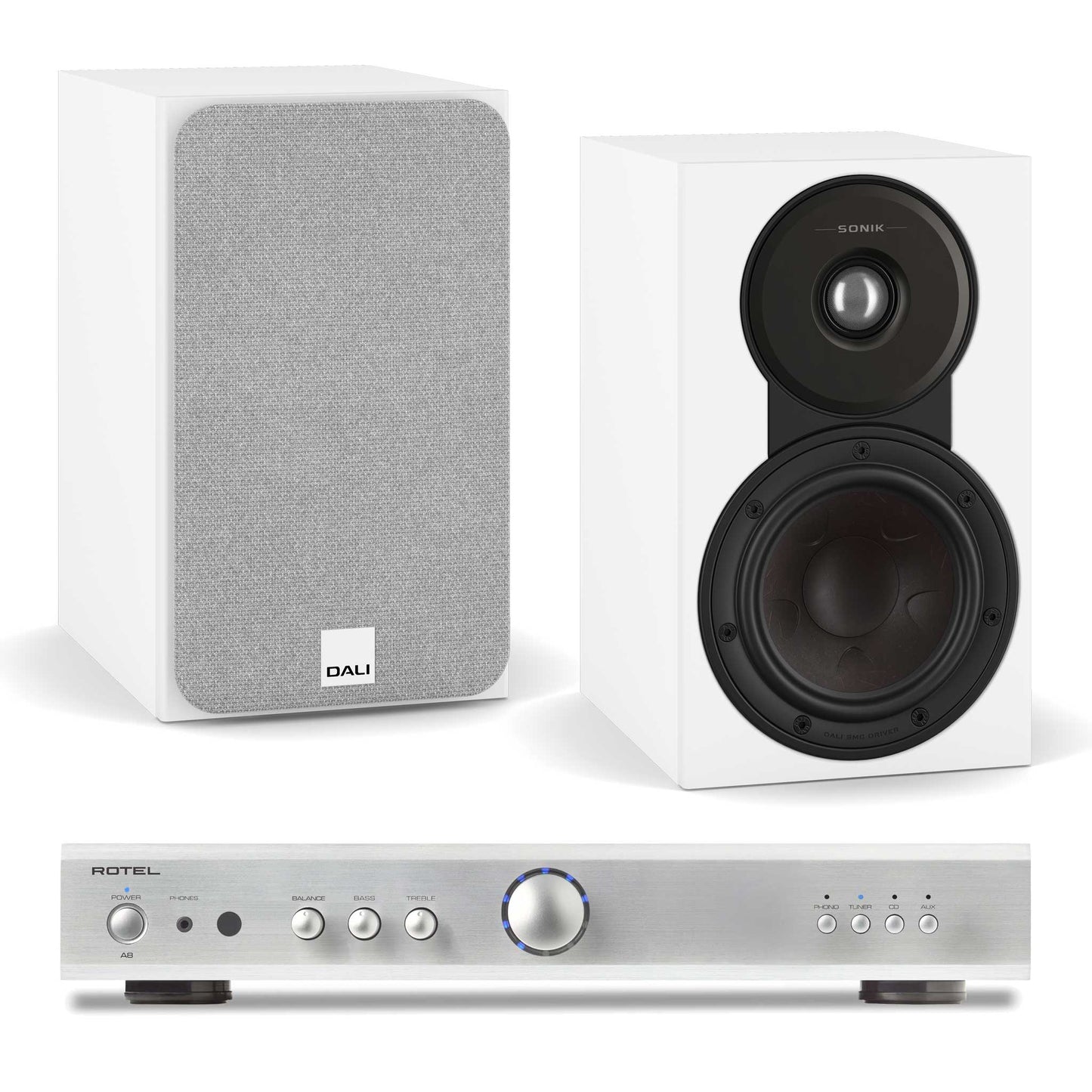 Rotel A8 Silver with Dali SONIK 1 White