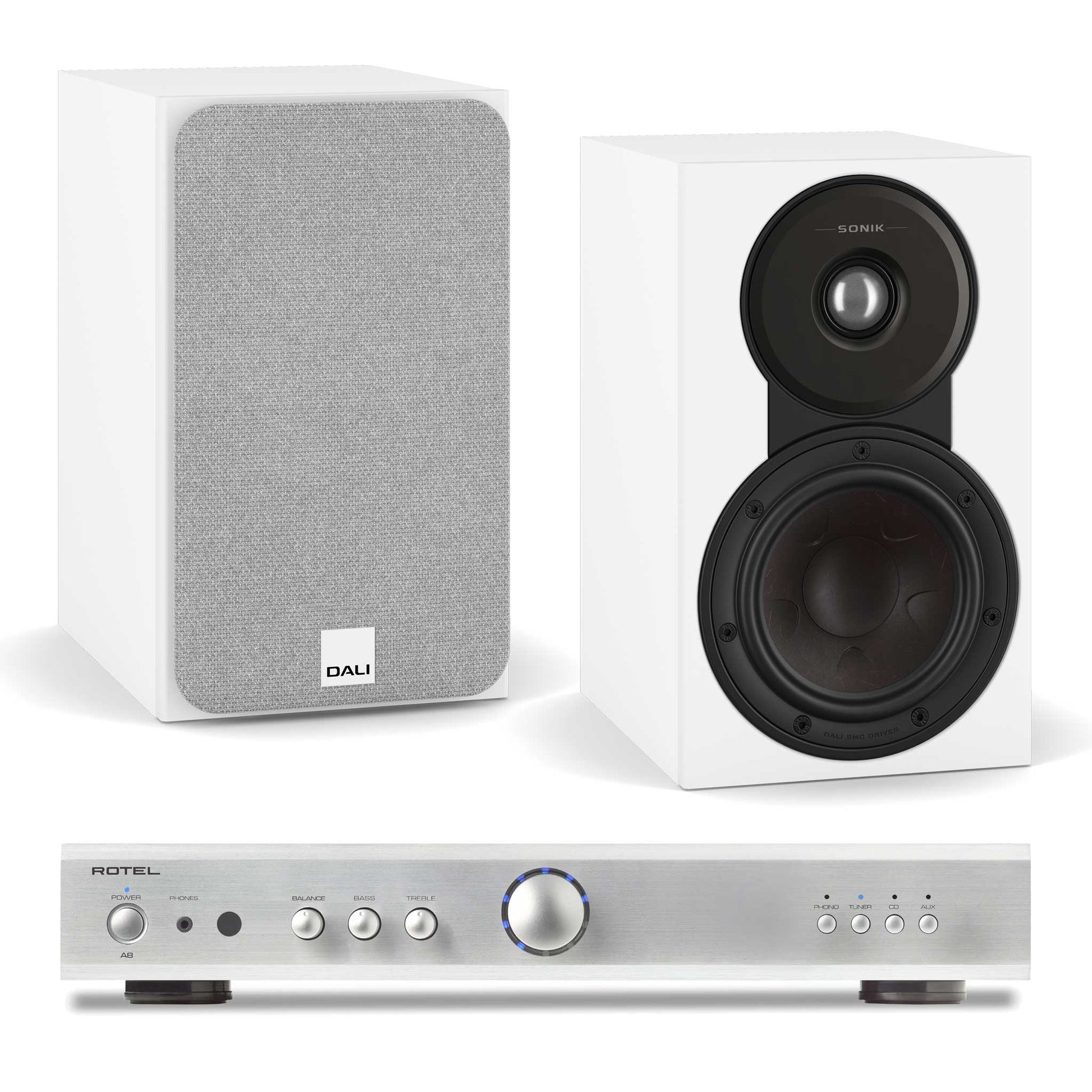 Rotel A8 Silver with Dali SONIK 1 White