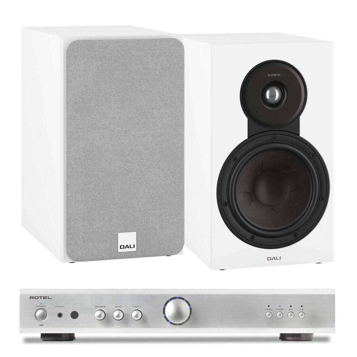Rotel A8 Silver with Dali SONIK 3 White
