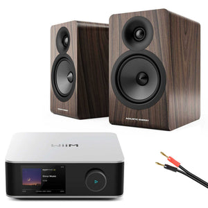 WiiM Amp Ultra Silver with Acoustic Energy AE100² Speakers Walnut 