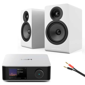 WiiM Amp Ultra Silver with Acoustic Energy AE100² Speakers Satin White