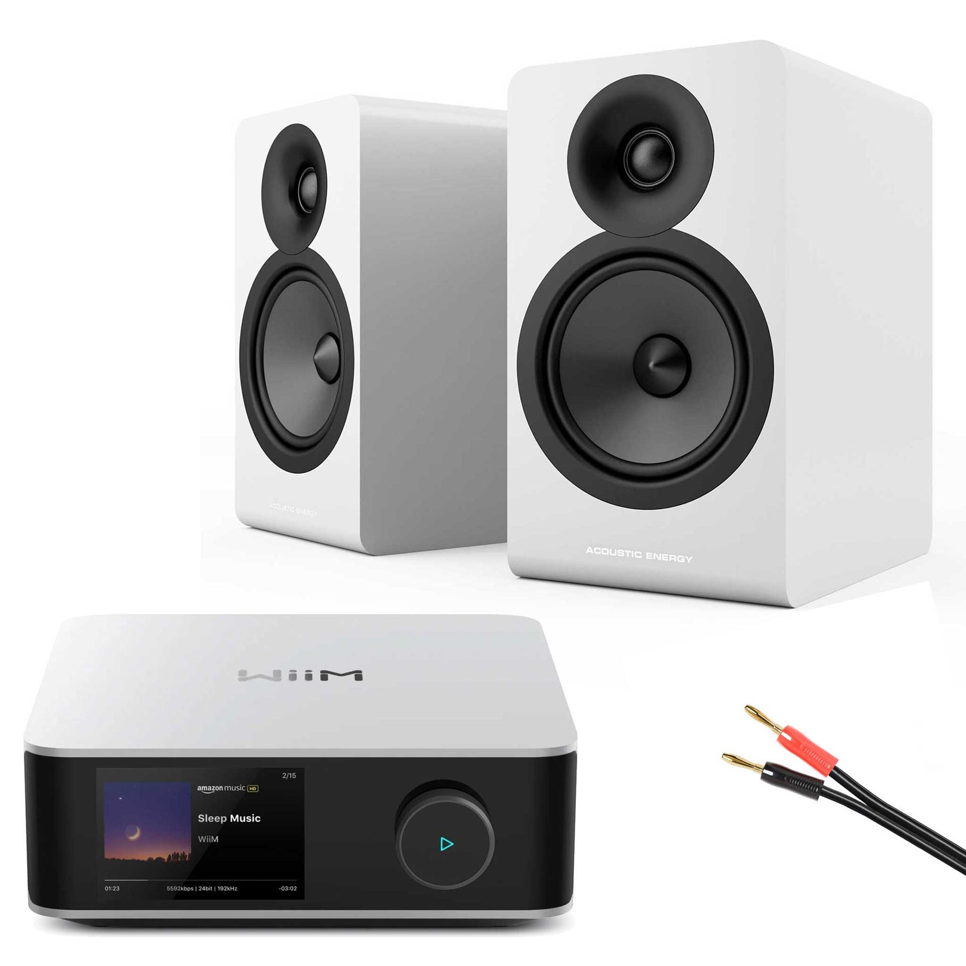 WiiM Amp Ultra Silver with Acoustic Energy AE100² Speakers Satin White