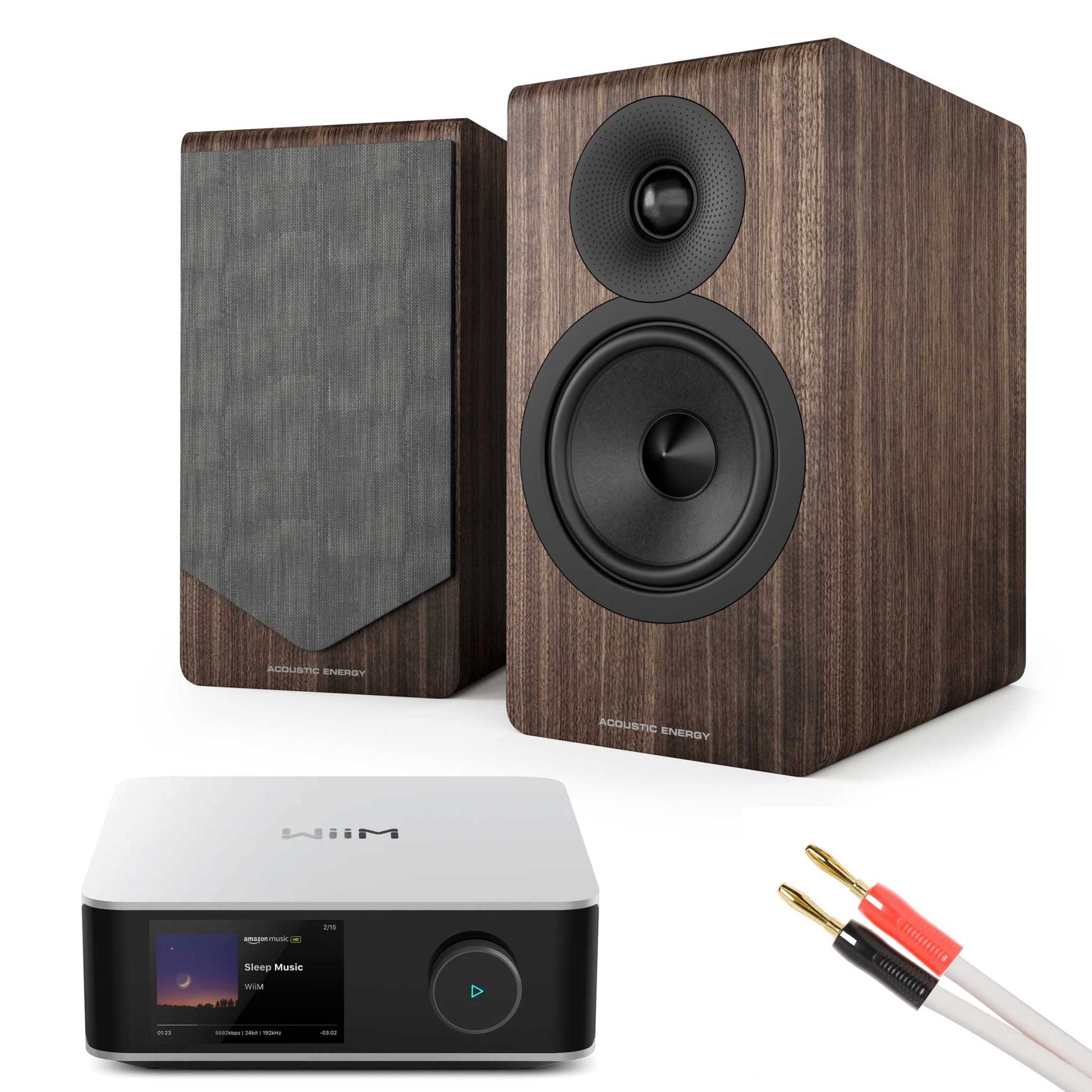 WiiM Amp Ultra Silver with Acoustic Energy AE300² Speakers Walnut