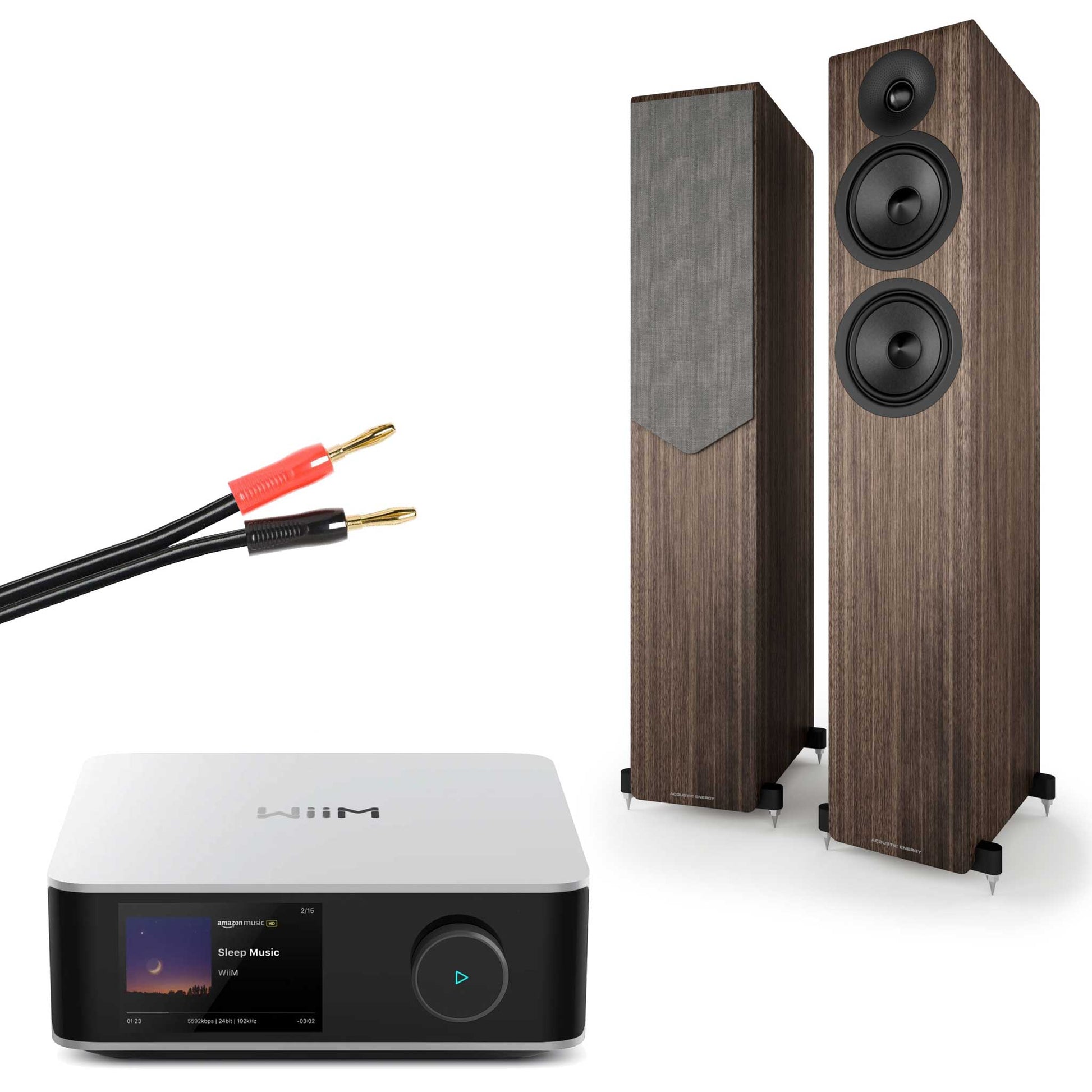 WiiM Amp Ultra Silver with Acoustic Energy AE309² Speakers Walnut