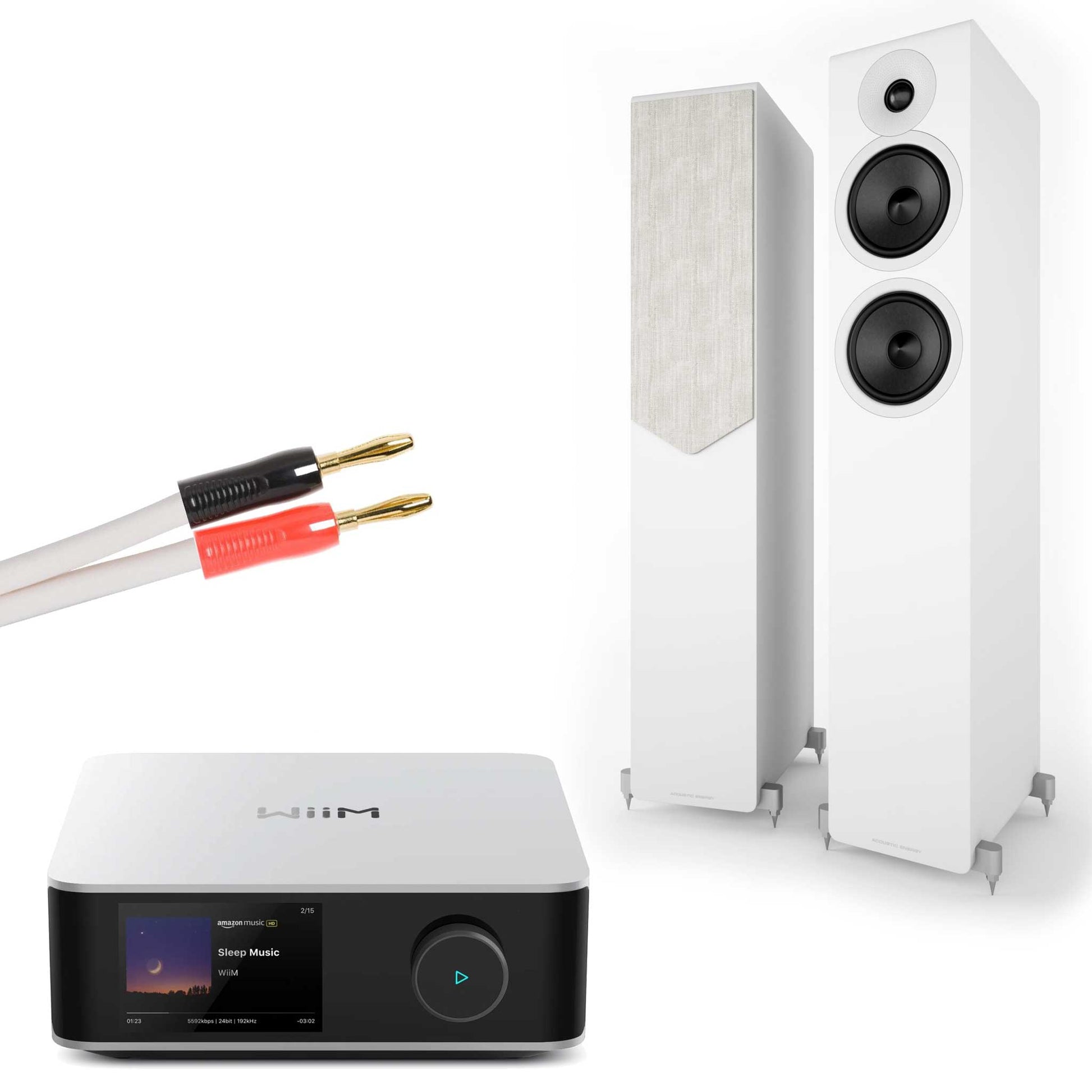 WiiM Amp Ultra Silver with Acoustic Energy AE309² Speakers Matte White