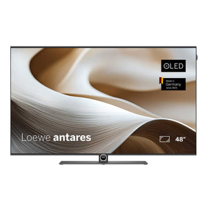 Loewe Antares 48 4K OLED TV on table stand with aluminium black onlays