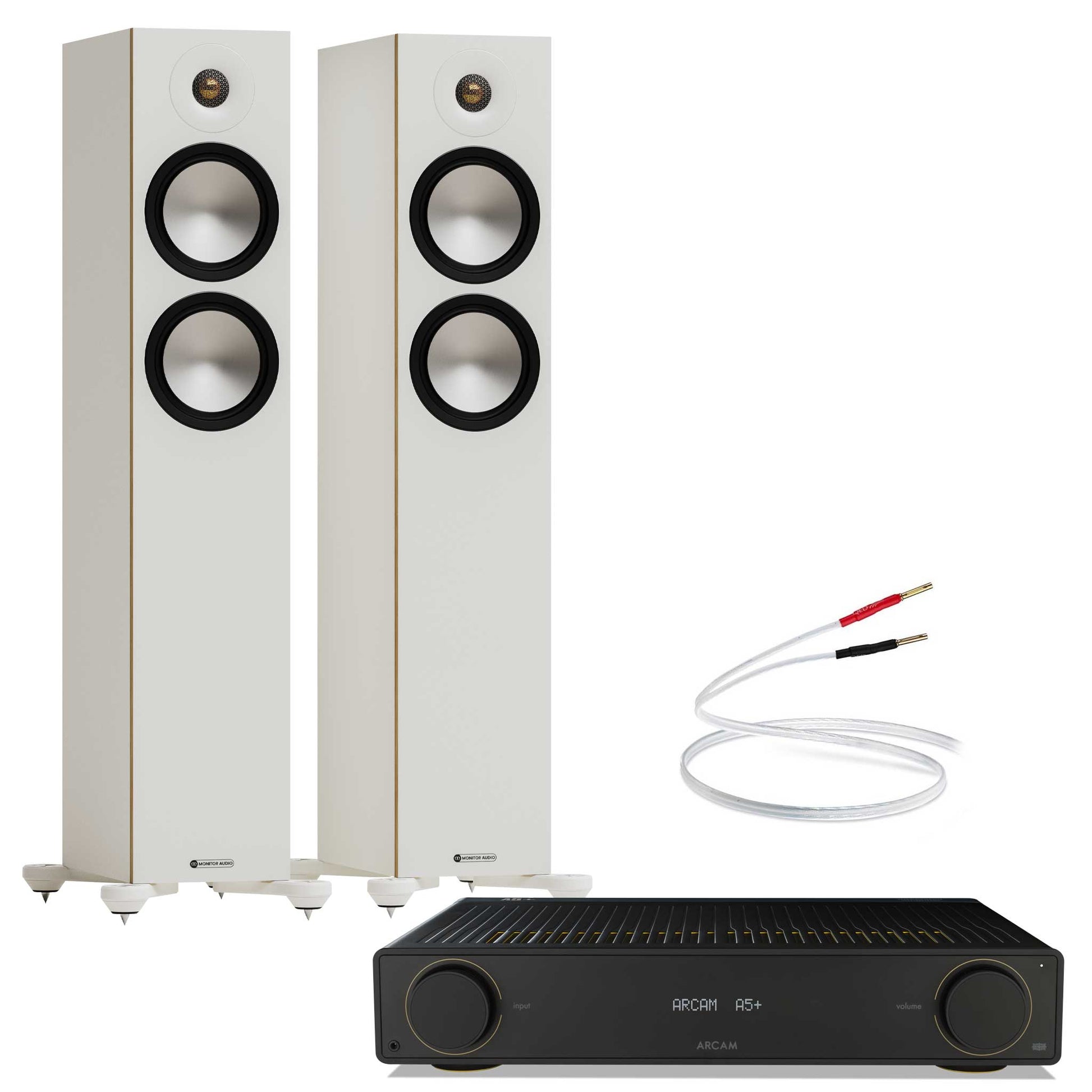 Arcam A5+ with Monitor Audio Bronze 300 7G White