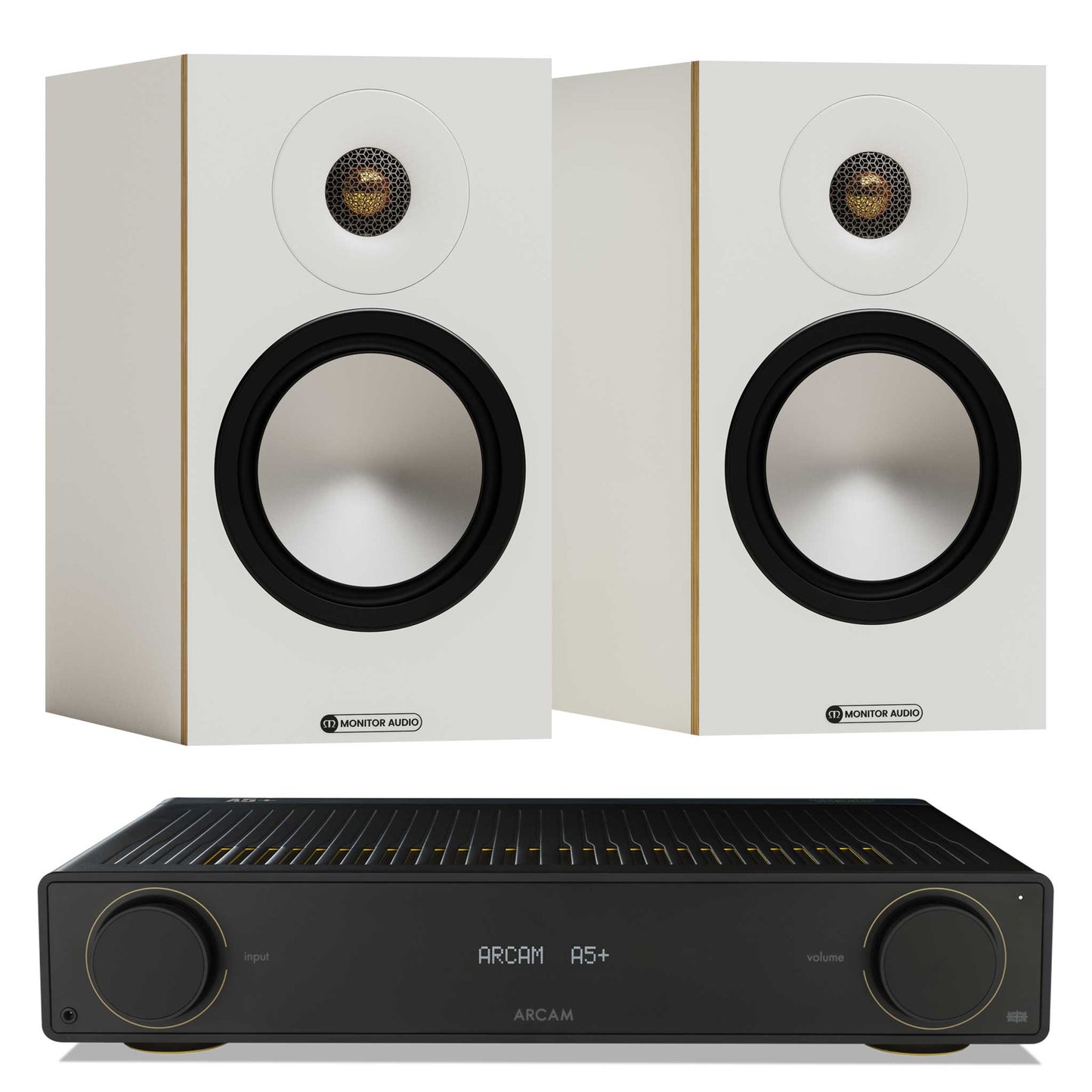 Arcam A5+ with Monitor Audio Bronze 50 7G White